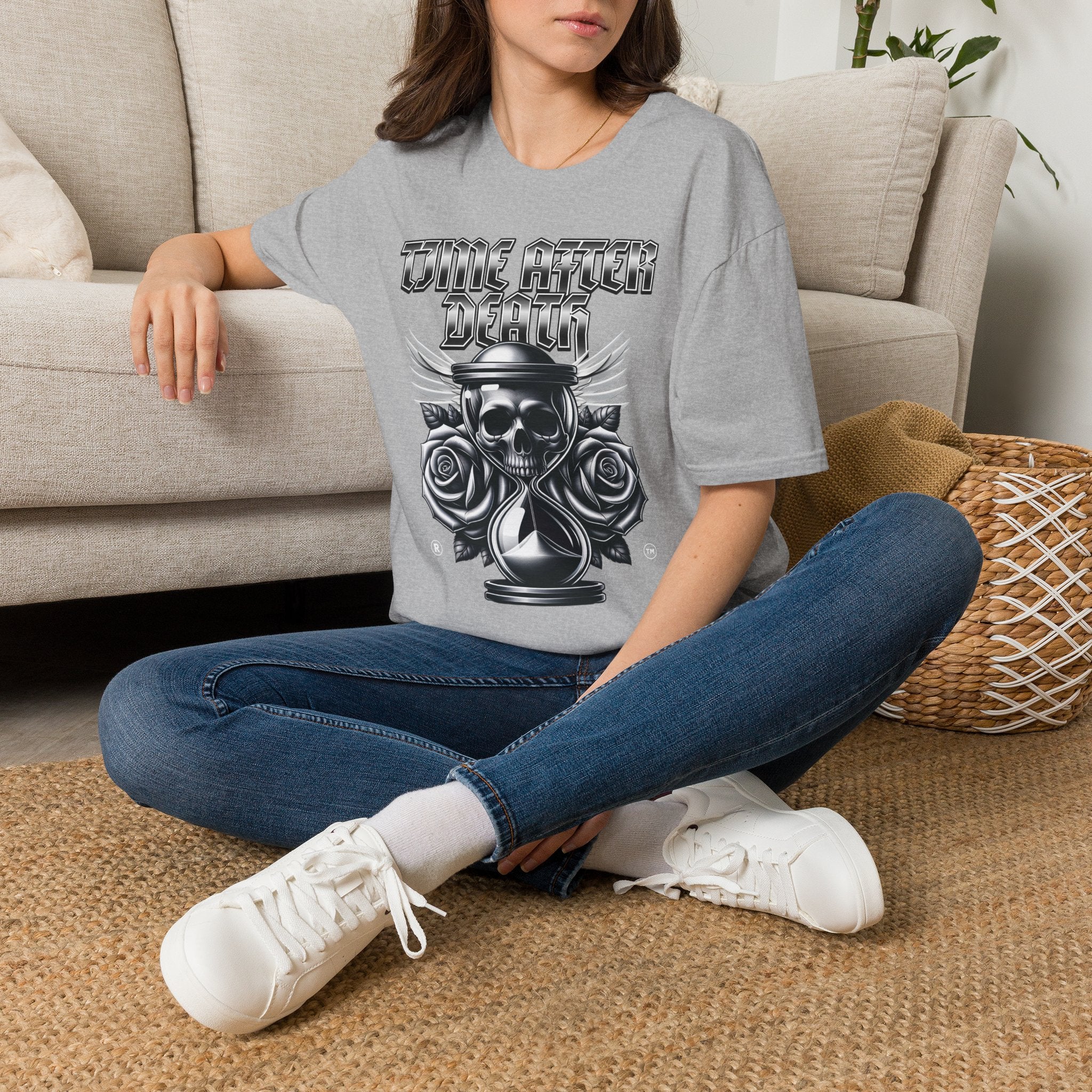 Time After Death Skull Tee — Gothic Hourglass Graphic T-Shirt