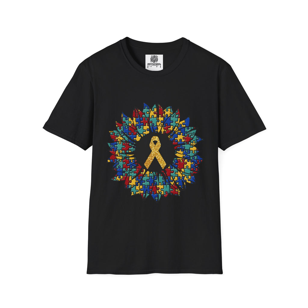 Autism Awareness Puzzle Sunflower T-Shirt – Gold Ribbon Support Tee