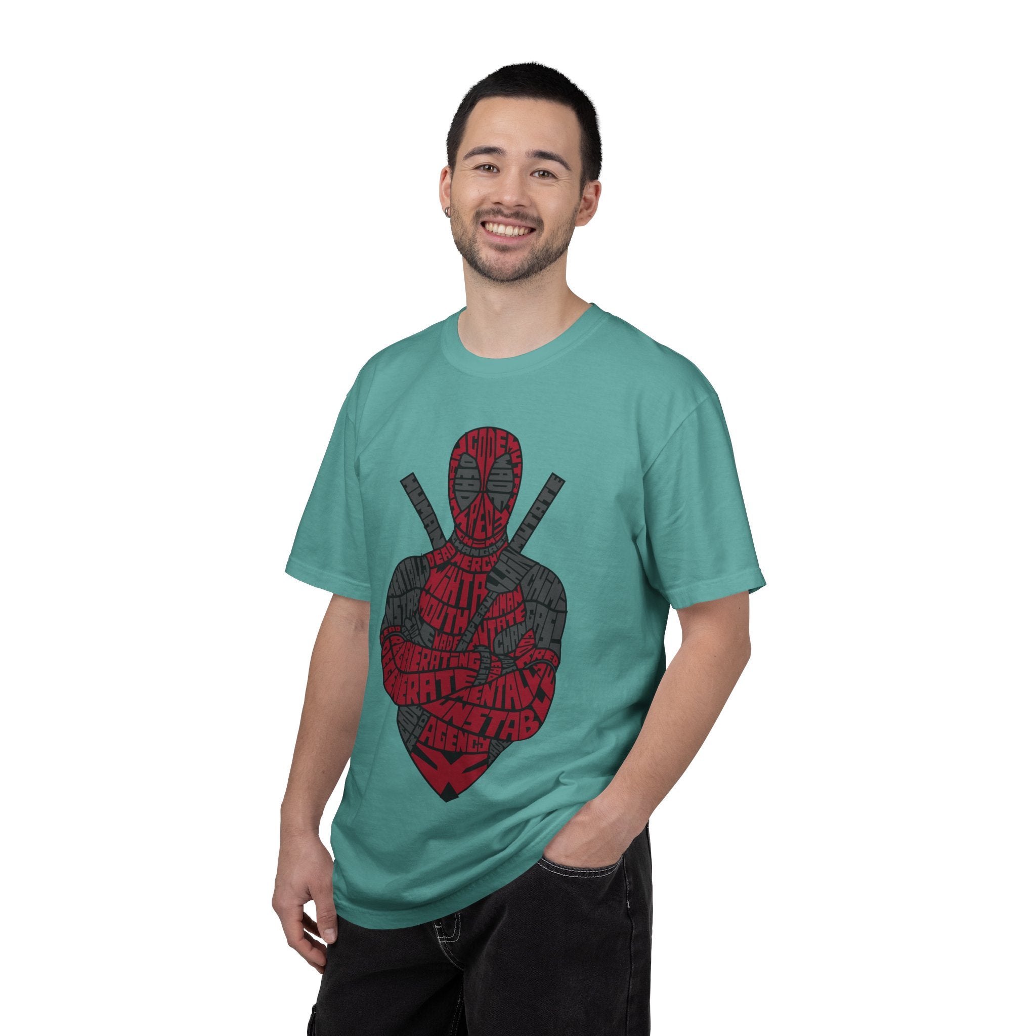 Graphic T-Shirt — Red Text Portrait Superhero Design