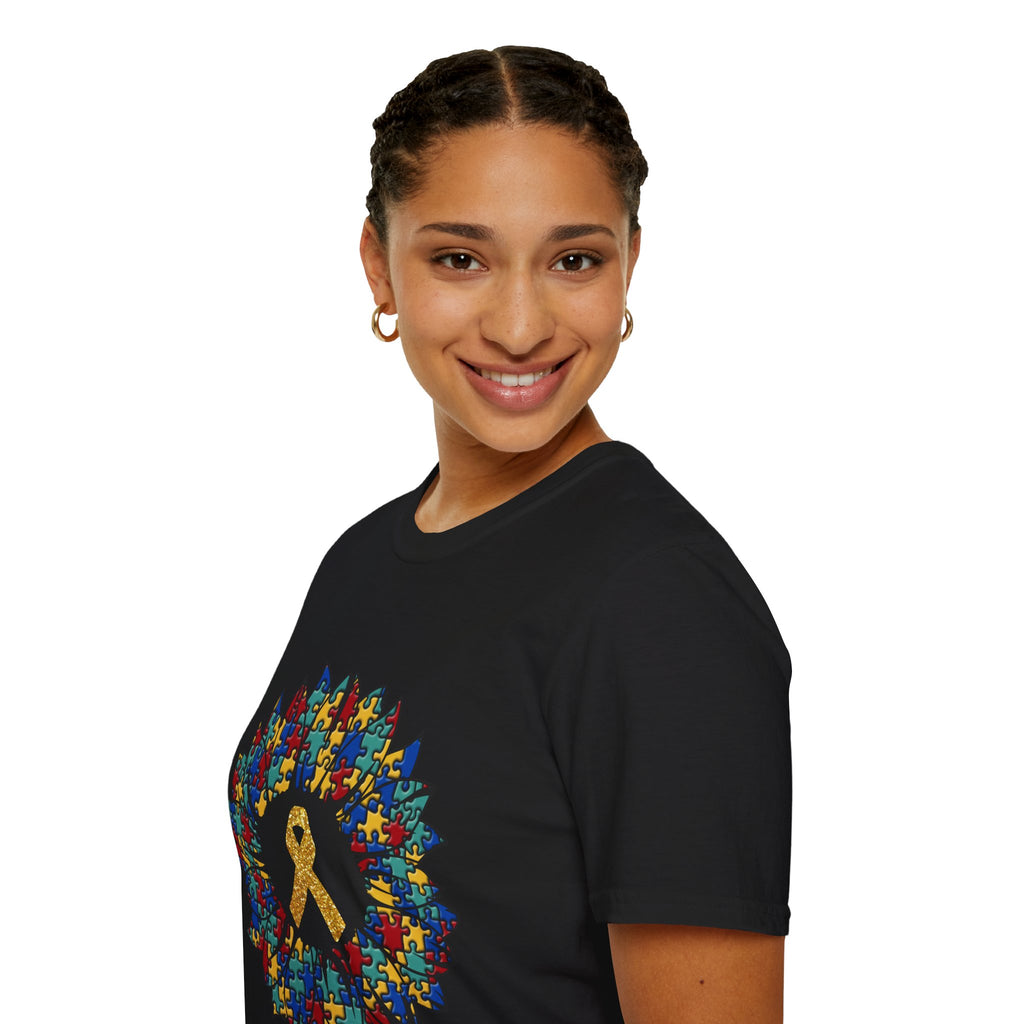 Autism Awareness Puzzle Sunflower T-Shirt – Gold Ribbon Support Tee