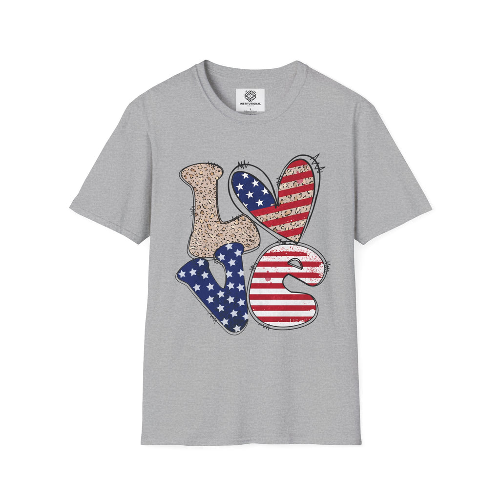 Patriotic LOVE Heart T-Shirt — American Flag & Leopard Print Graphic