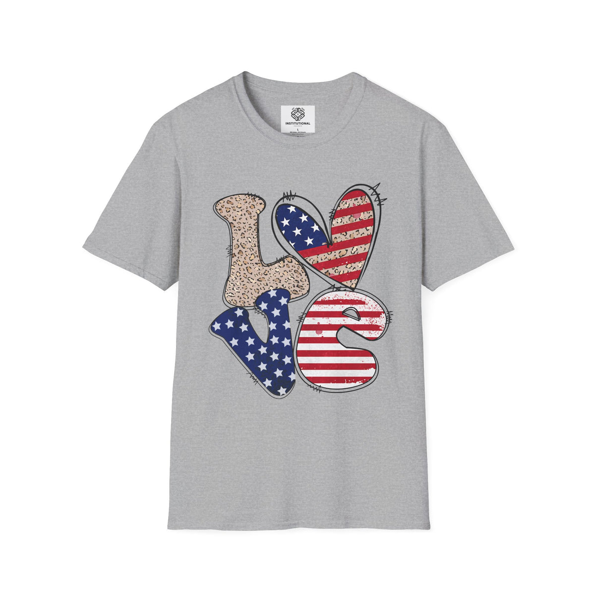 Patriotic LOVE Heart T-Shirt — American Flag & Leopard Print Graphic