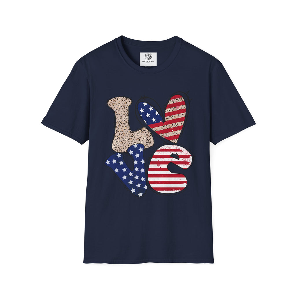 Patriotic LOVE Heart T-Shirt — American Flag & Leopard Print Graphic