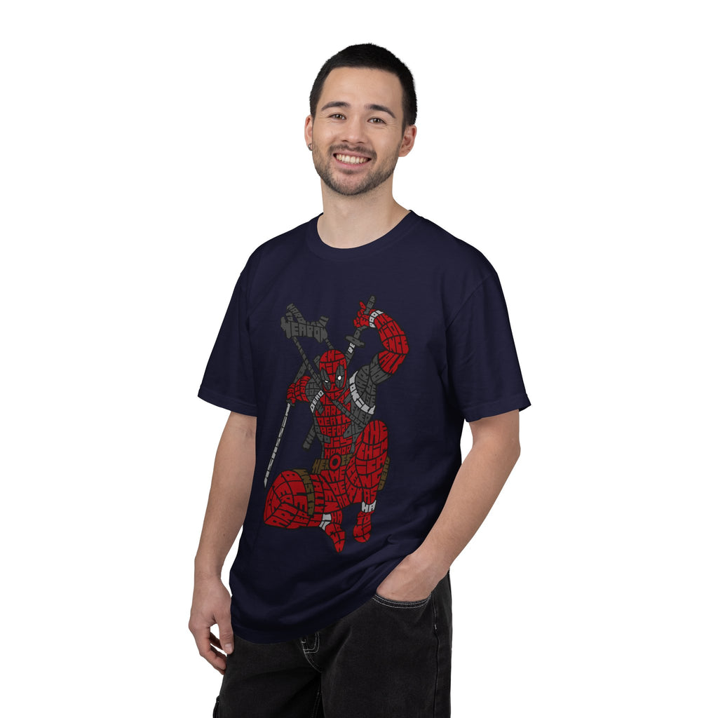 Graphic T-Shirt — Red Webbed Superhero Kneeling Illustration