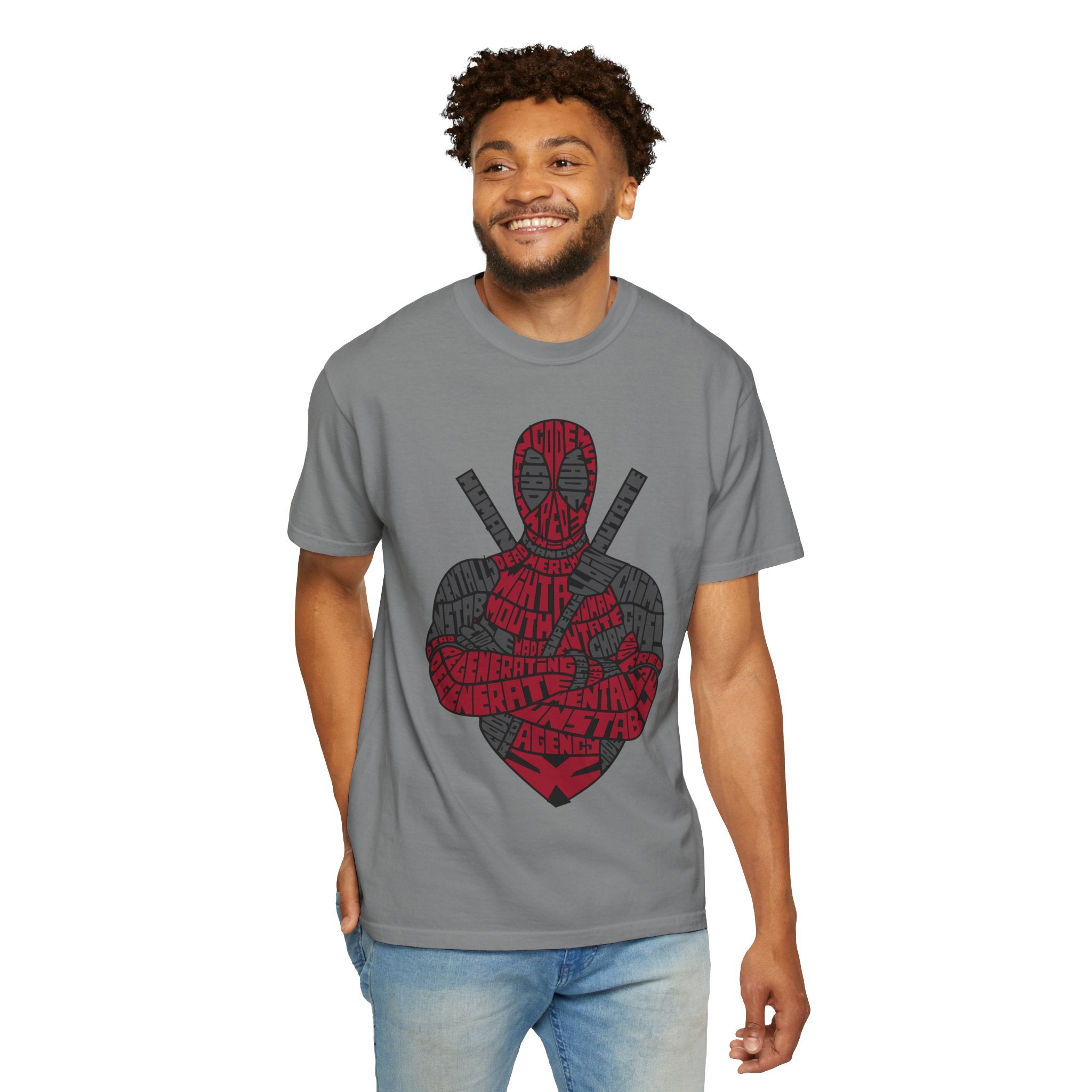 Graphic T-Shirt — Red Text Portrait Superhero Design