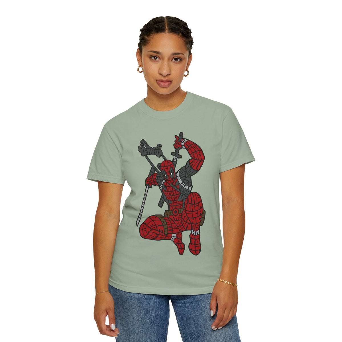 Graphic T-Shirt — Red Webbed Superhero Kneeling Illustration
