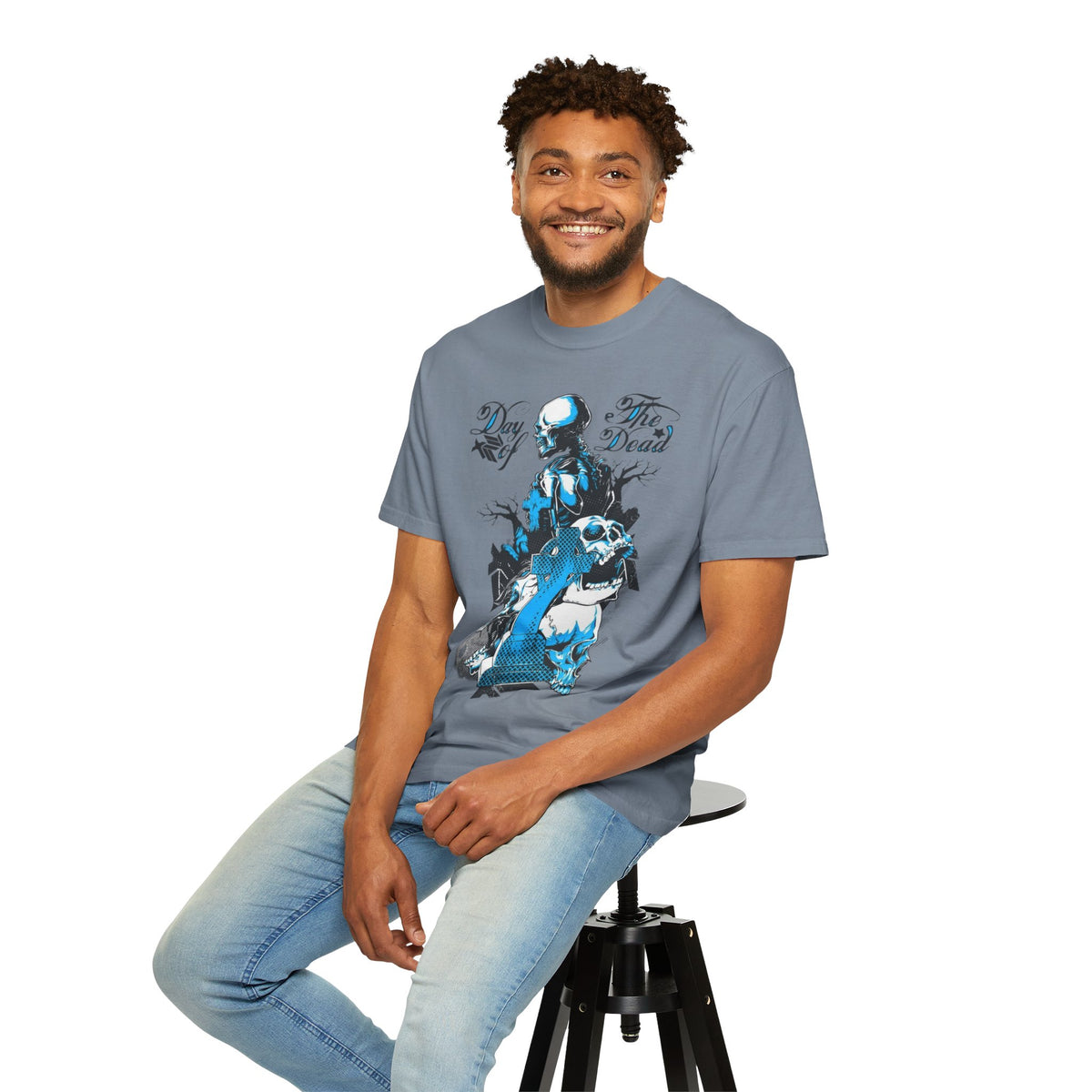 Day of the Dead Skull T-Shirt — Blue Gothic Cemetery Graphic Tee