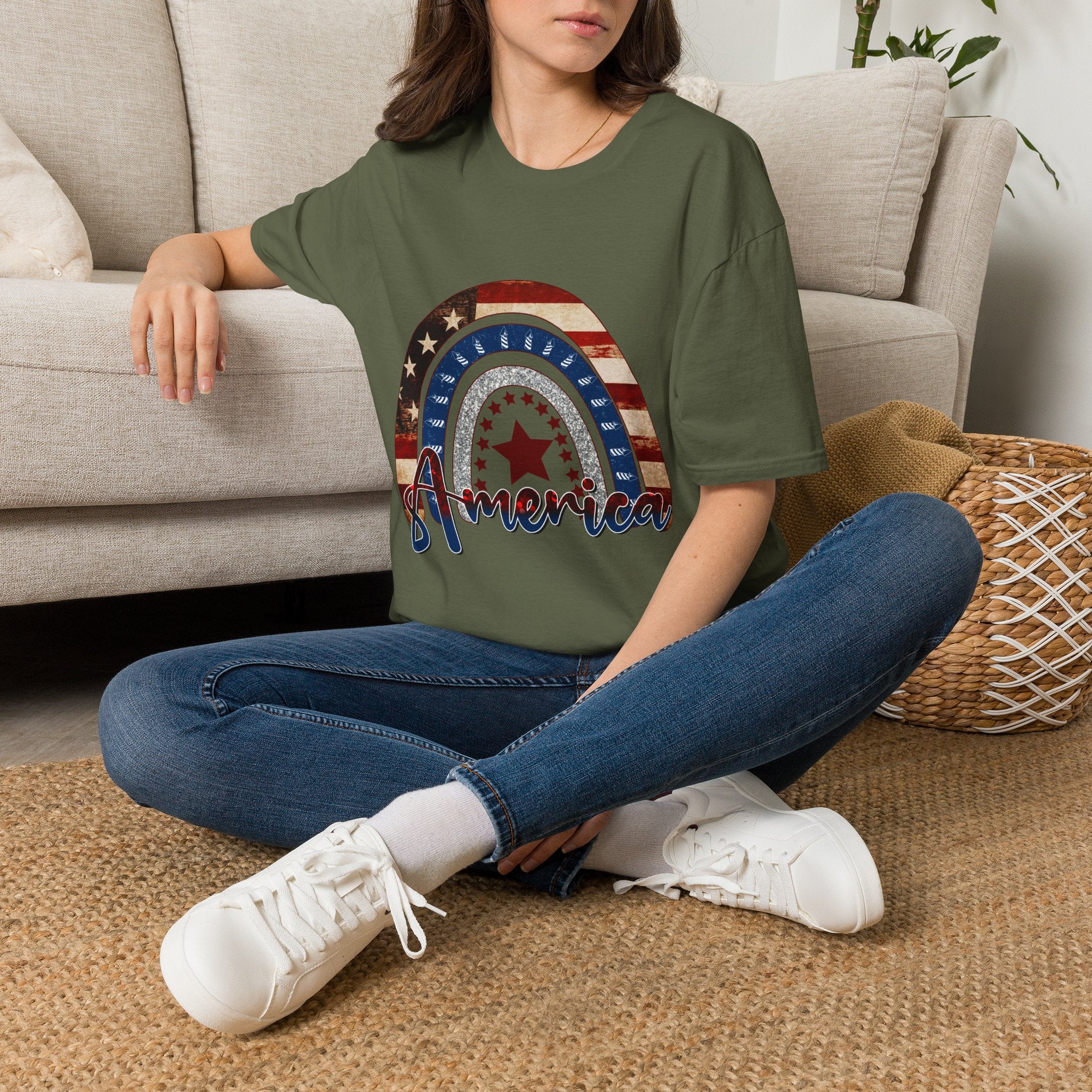 Patriotic American Rainbow T-Shirt — 'America' Stars & Stripes Graphic