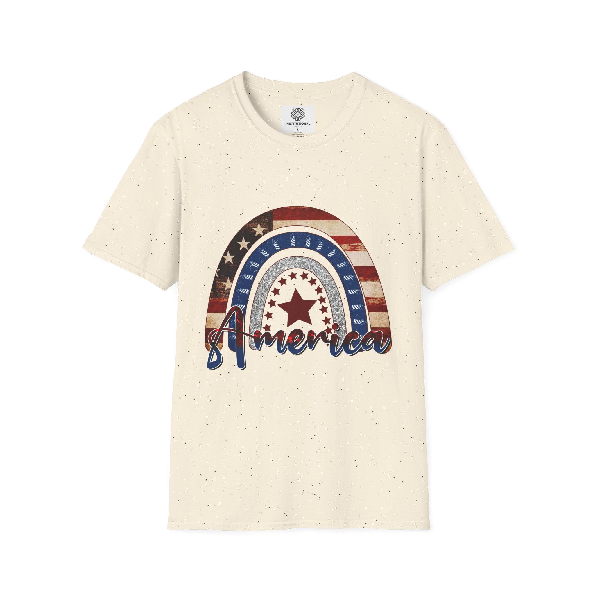 Patriotic American Rainbow T-Shirt — 'America' Stars & Stripes Graphic