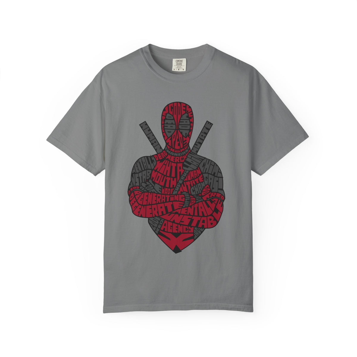 Graphic T-Shirt — Red Text Portrait Superhero Design