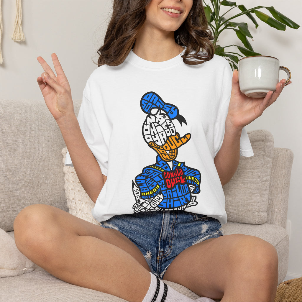 Graphic T‑Shirt — Colorblock Word Art Cartoon Duck Design