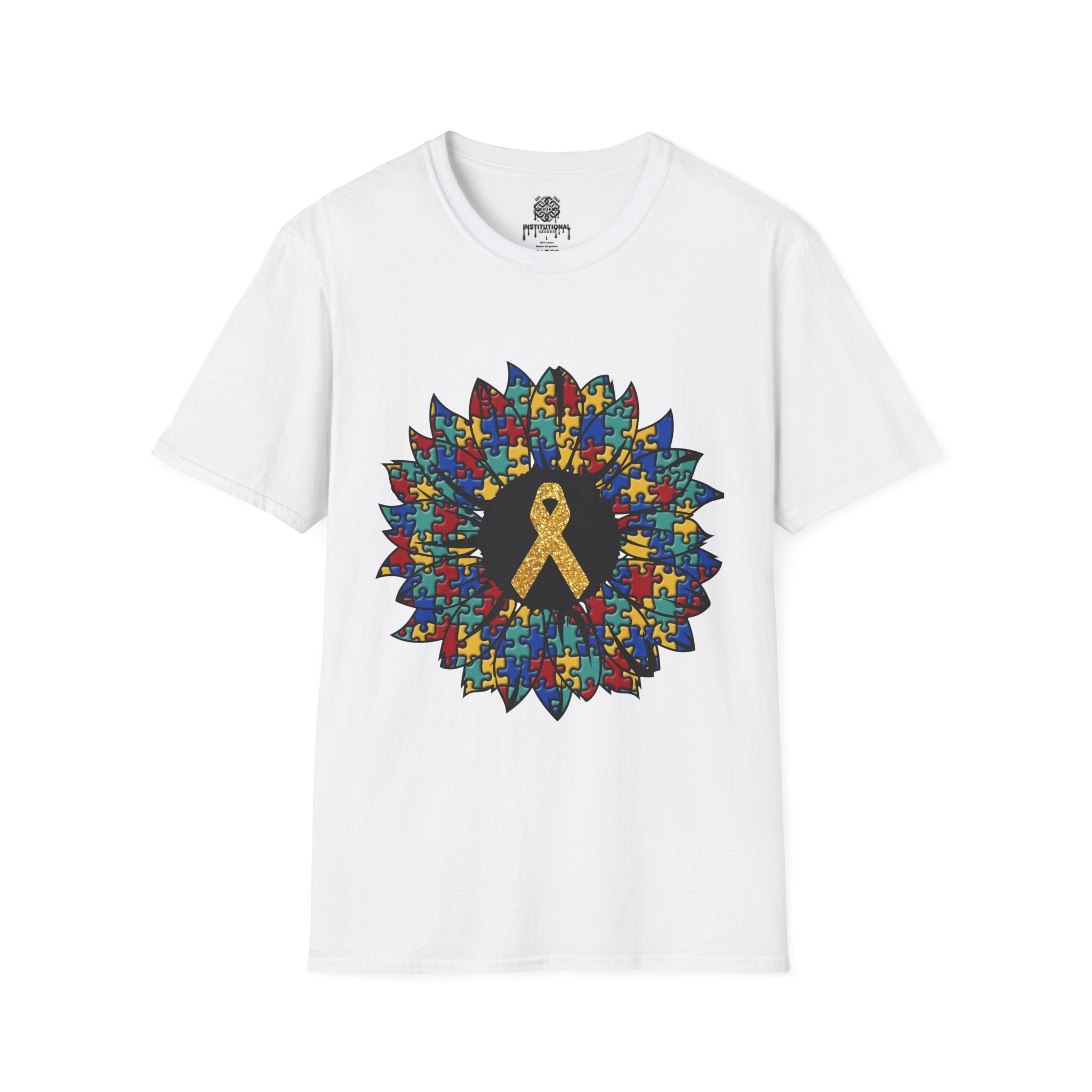 Autism Awareness Puzzle Sunflower T-Shirt – Gold Ribbon Support Tee