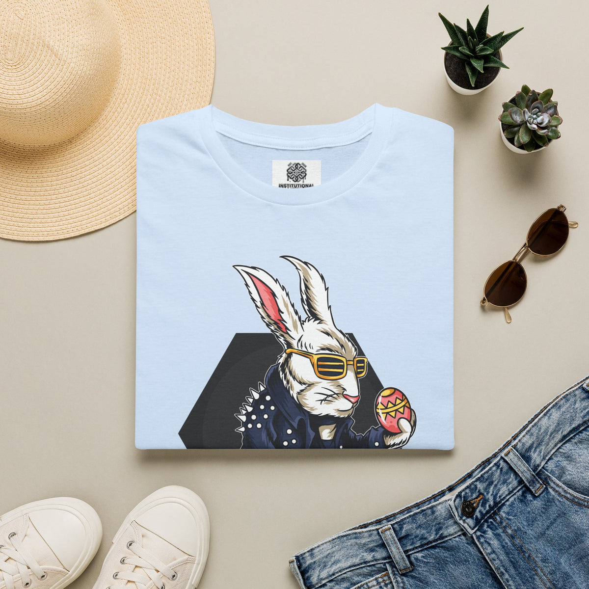 Easter Bunny Rocker T-Shirt — Cool Bunny Holding Decorated Egg