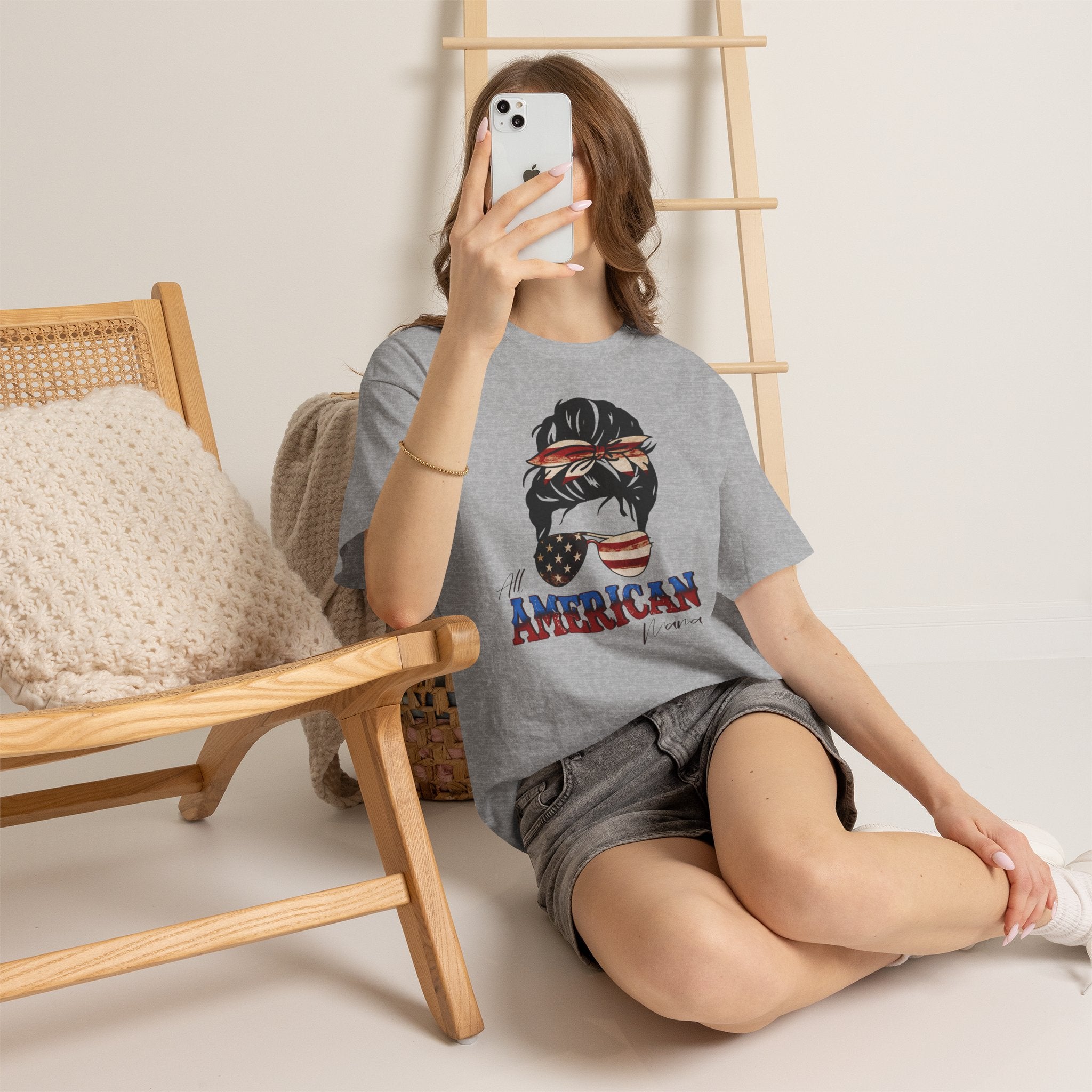 American Flag Messy Bun T-Shirt — "All American" Patriotic Tee