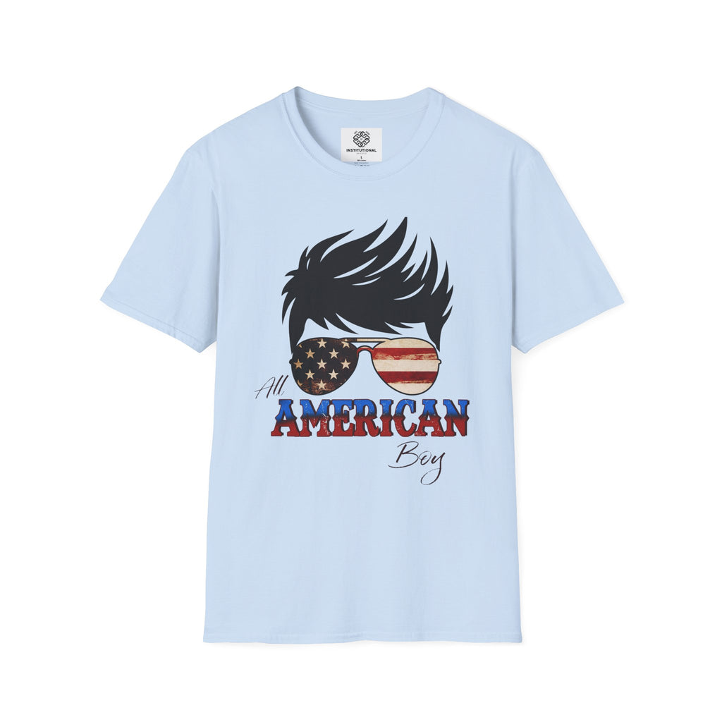 American Boy Graphic T-Shirt — Patriotic Sunglasses & Flag Hair Tee