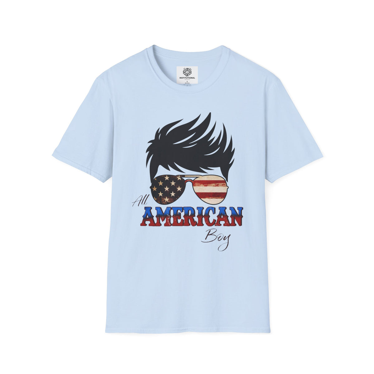 American Boy Graphic T-Shirt — Patriotic Sunglasses & Flag Hair Tee