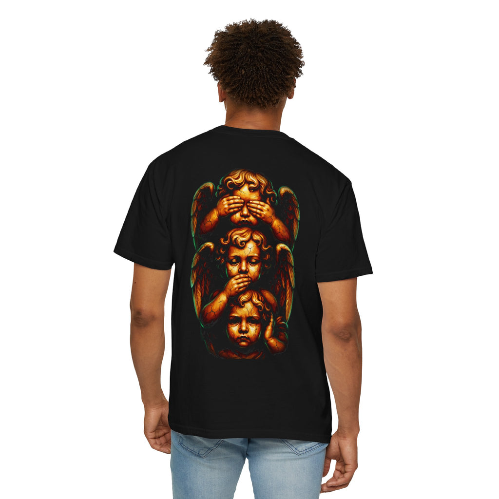 T-Shirt — Vintage Cherub 'See No Evil, Hear No Evil, Speak No Evil' Back Print
