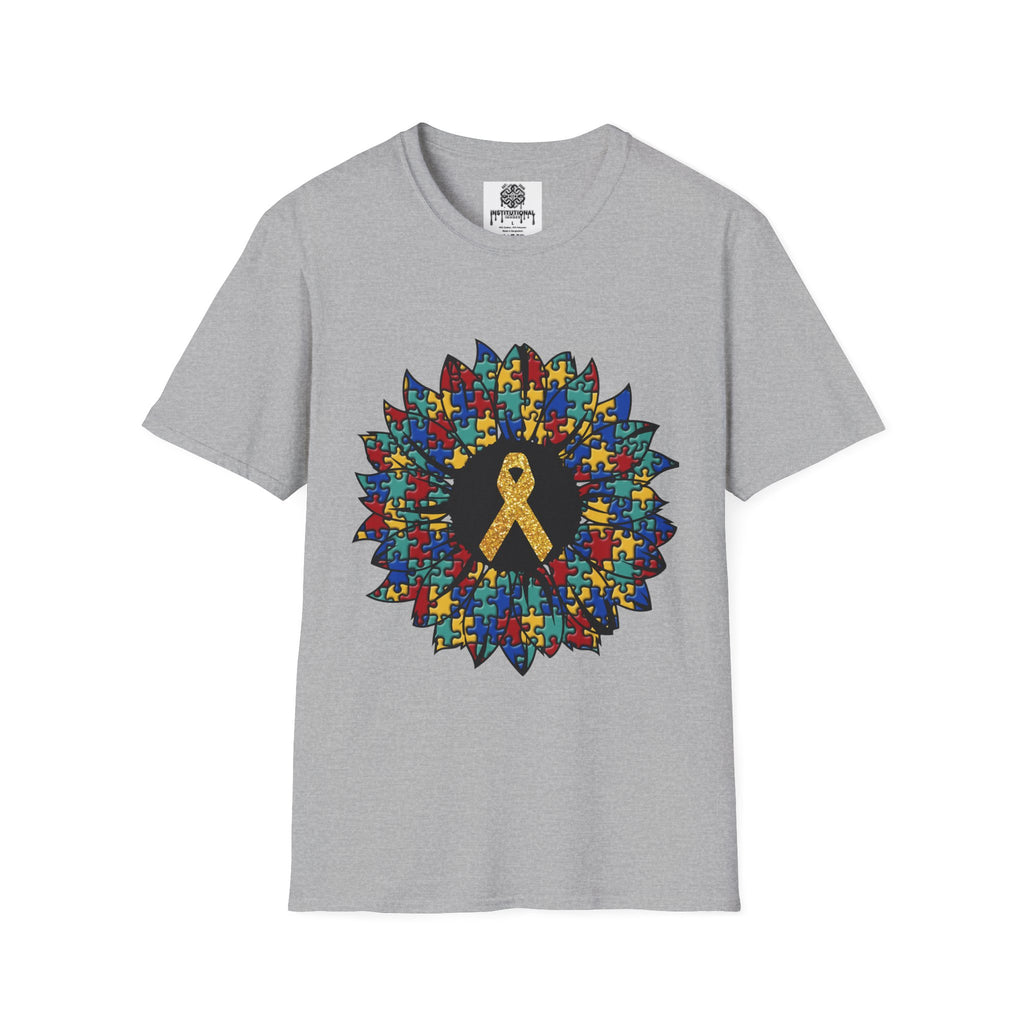 Autism Awareness Puzzle Sunflower T-Shirt – Gold Ribbon Support Tee