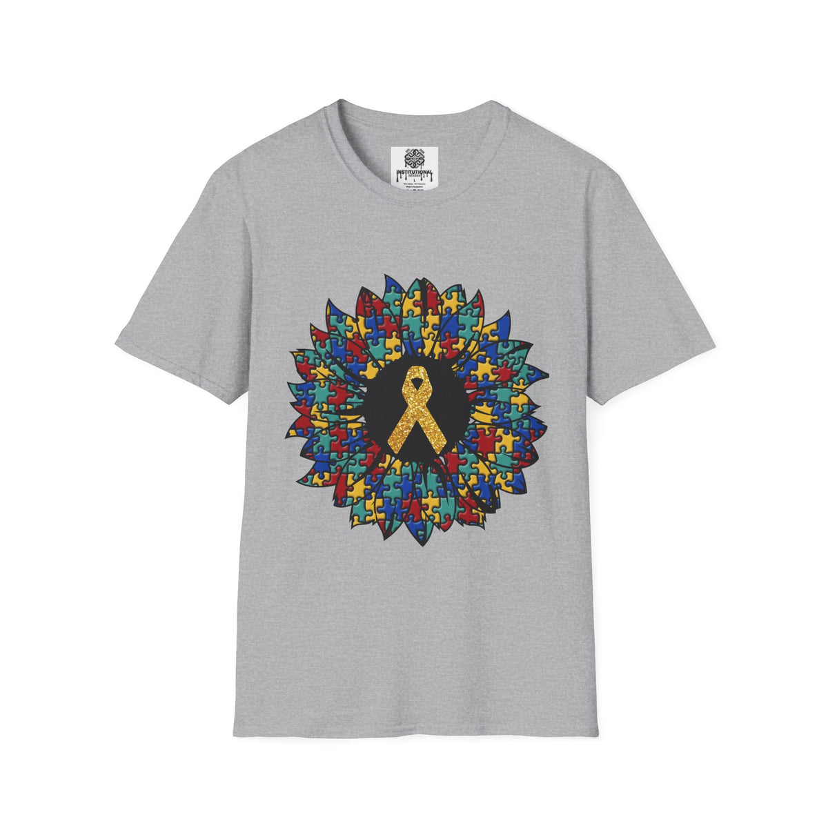 Autism Awareness Puzzle Sunflower T-Shirt – Gold Ribbon Support Tee