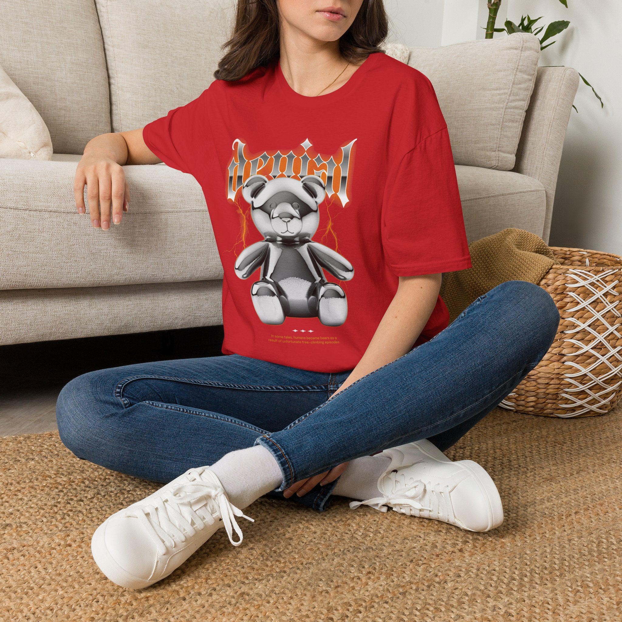Denial Bear Graphic T-Shirt — Edgy Metallic Teddy Tee