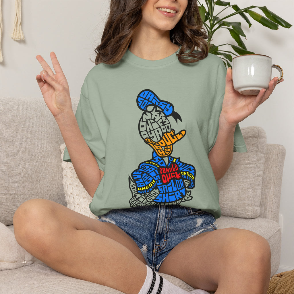 Graphic T‑Shirt — Colorblock Word Art Cartoon Duck Design