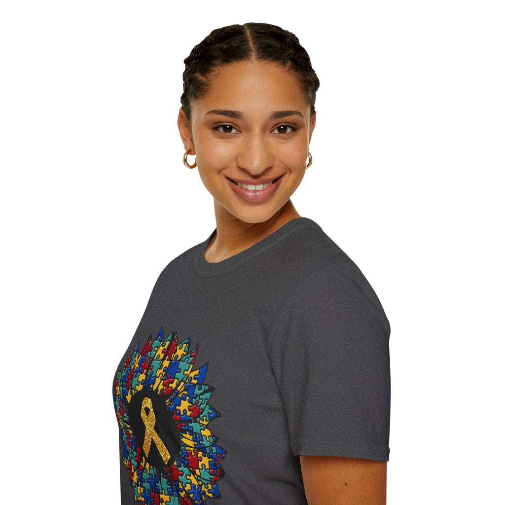 Autism Awareness Puzzle Sunflower T-Shirt – Gold Ribbon Support Tee