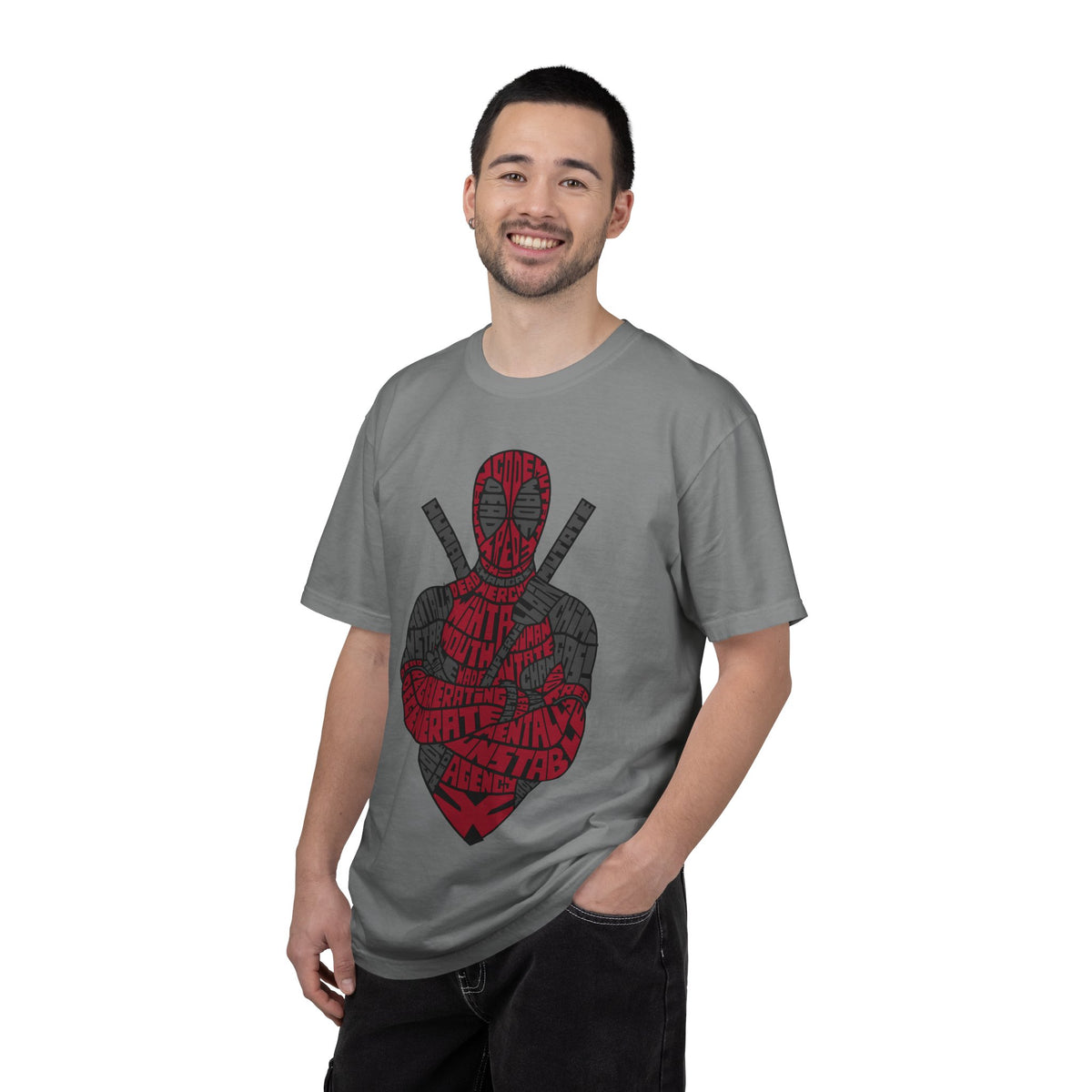 Graphic T-Shirt — Red Text Portrait Superhero Design
