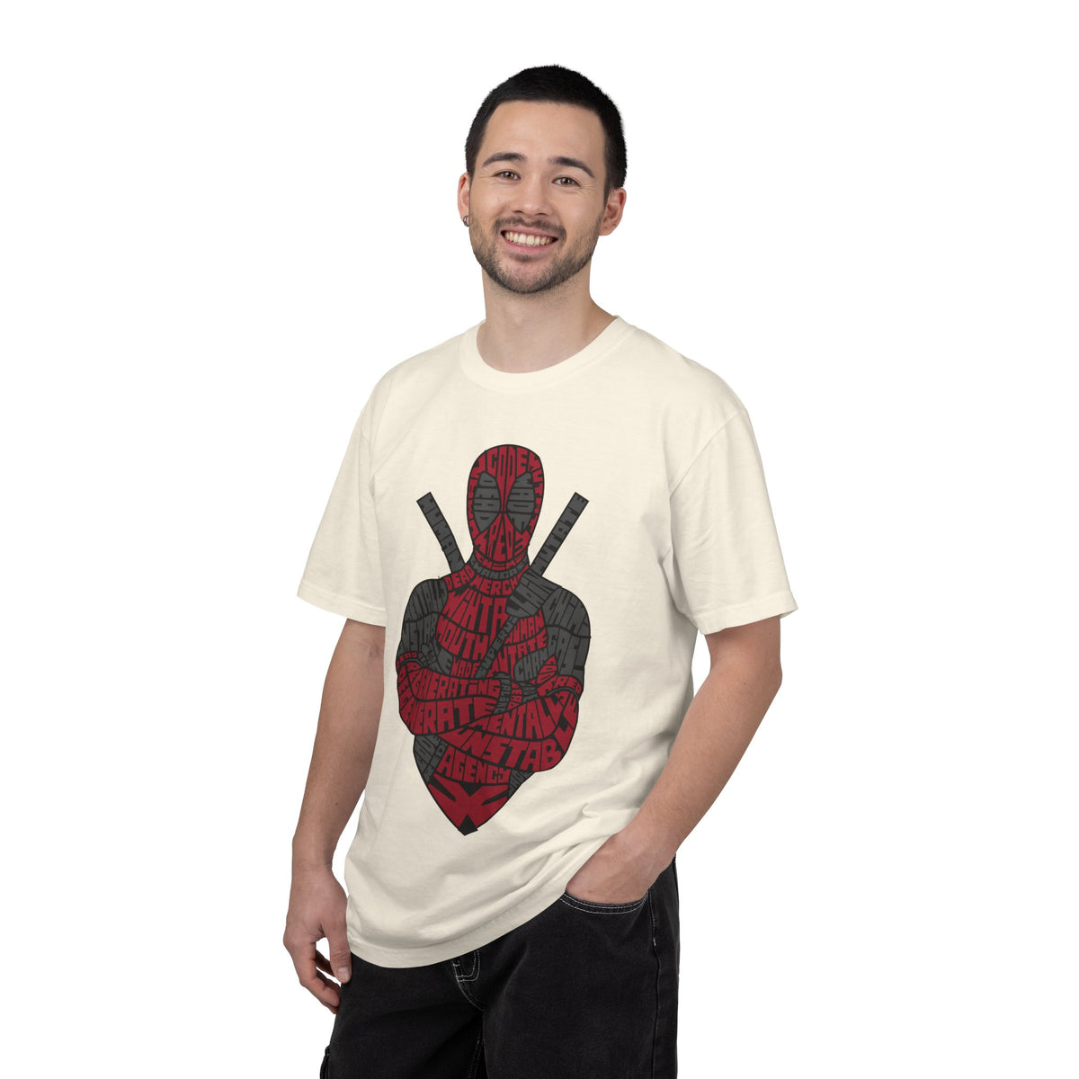 Graphic T-Shirt — Red Text Portrait Superhero Design