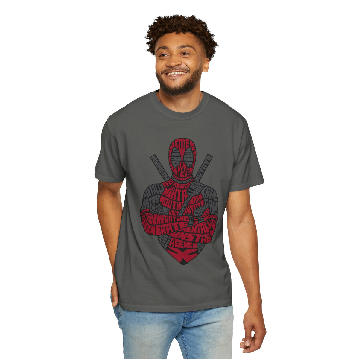 Graphic T-Shirt — Red Text Portrait Superhero Design