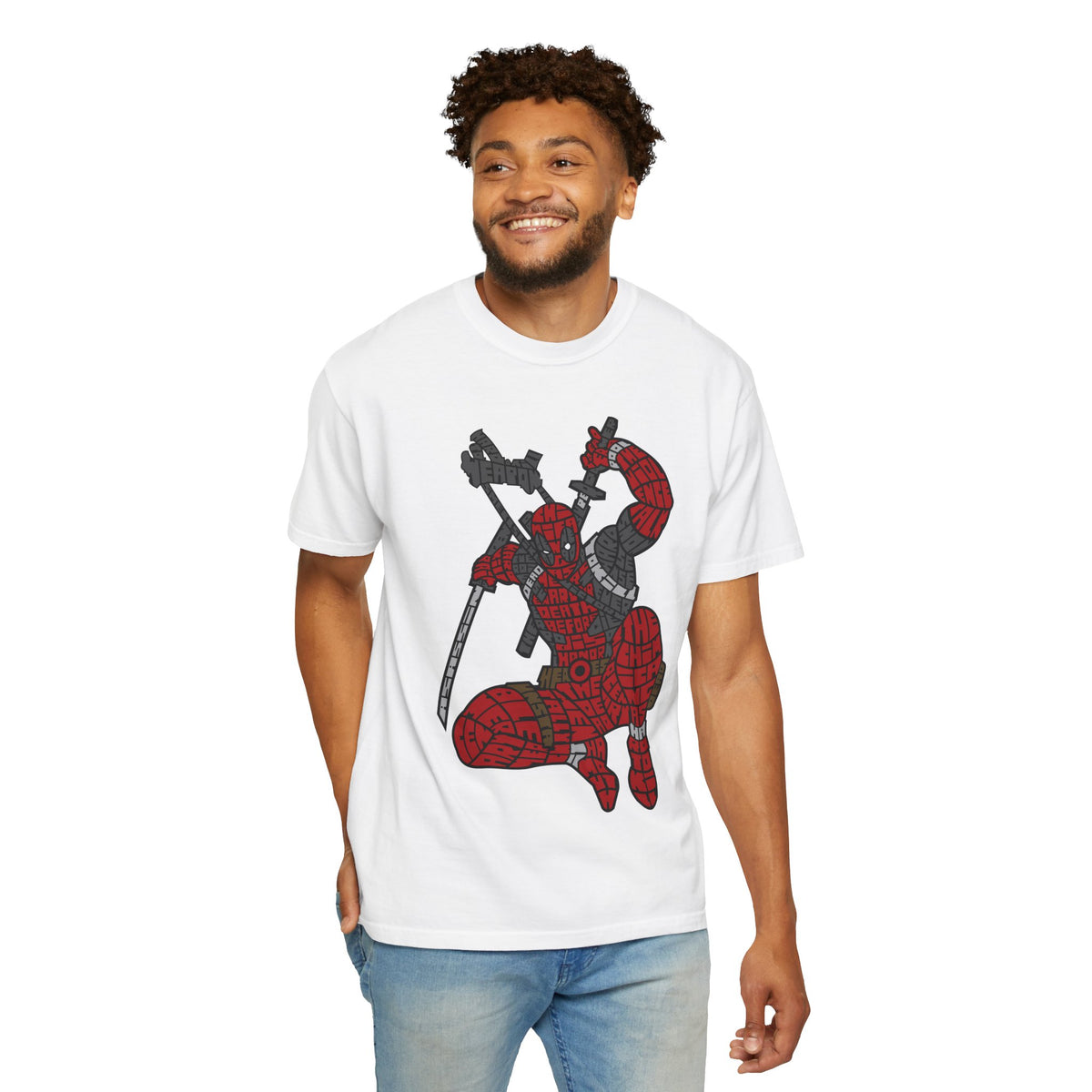 Graphic T-Shirt — Red Webbed Superhero Kneeling Illustration