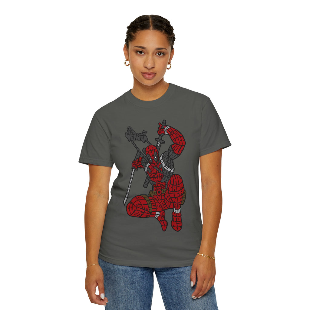 Graphic T-Shirt — Red Webbed Superhero Kneeling Illustration