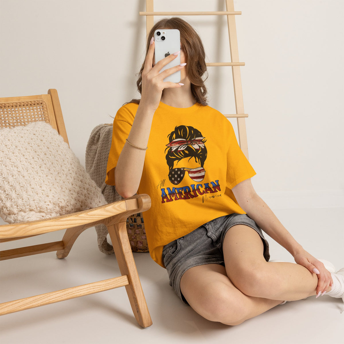 American Flag Messy Bun T-Shirt — "All American" Patriotic Tee