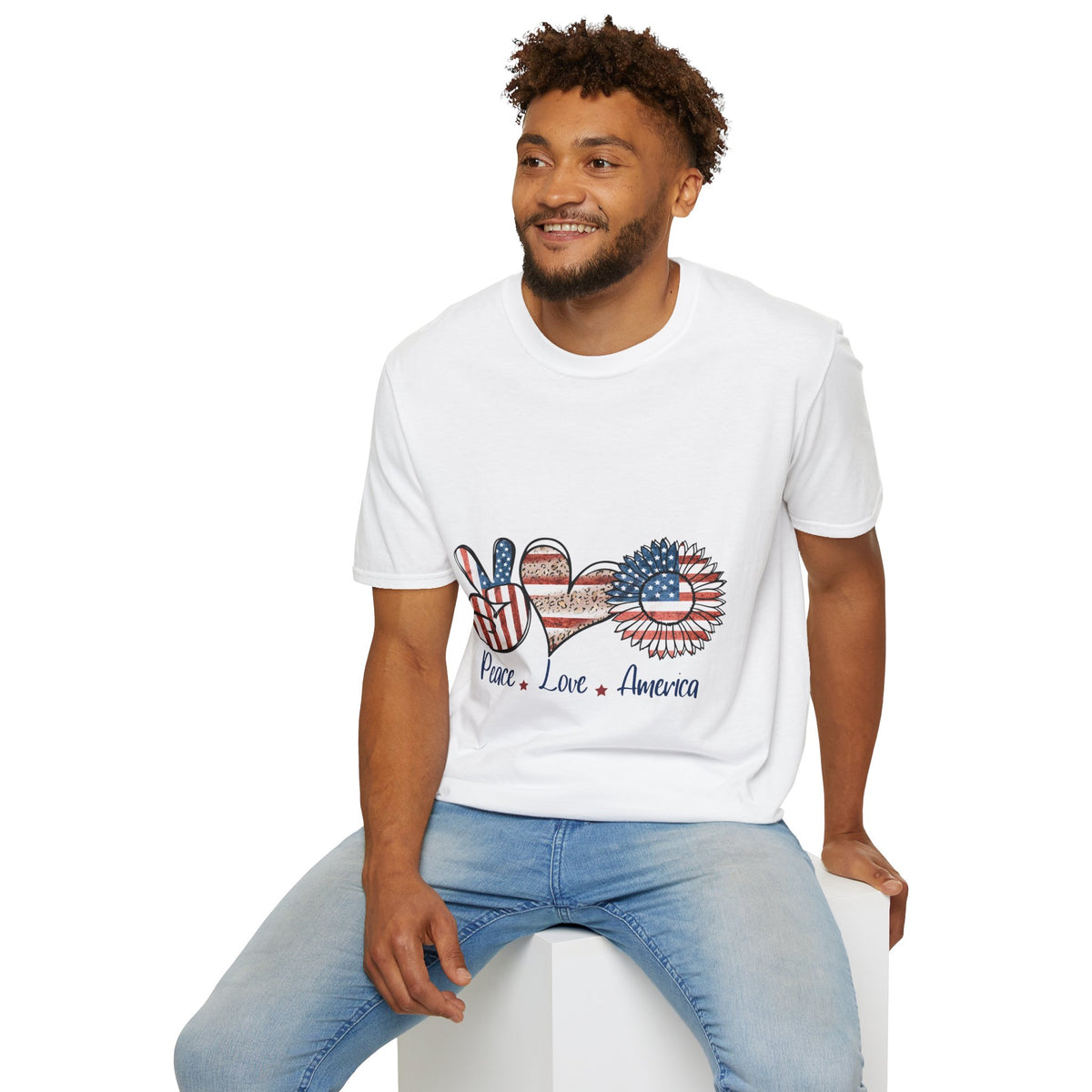 Peace Love America T-Shirt — Patriotic Peace Sign, Heart & Sunflower Graphic