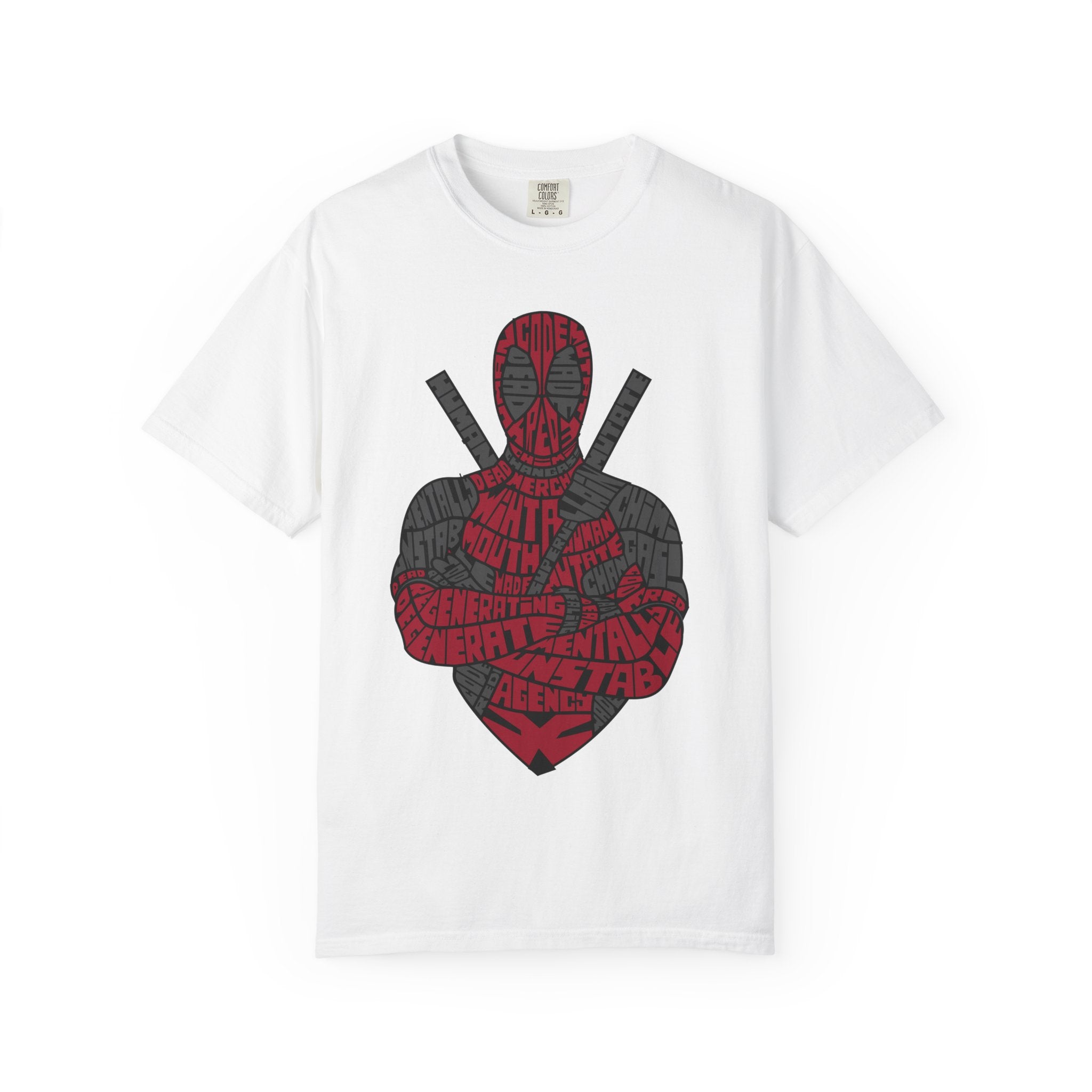 Graphic T-Shirt — Red Text Portrait Superhero Design