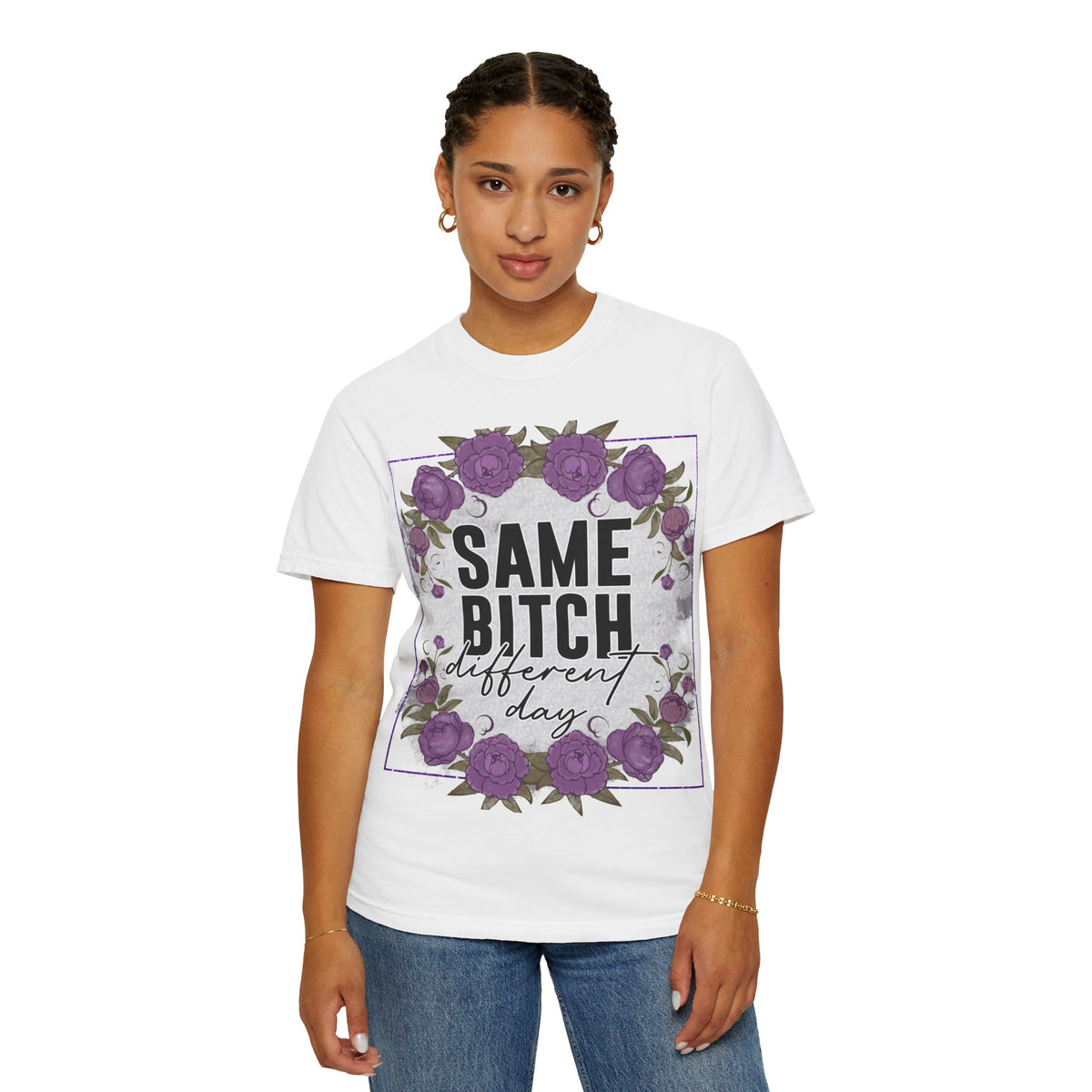 Same Bitch Different Day T-Shirt — Floral Purple Rose Graphic Tee