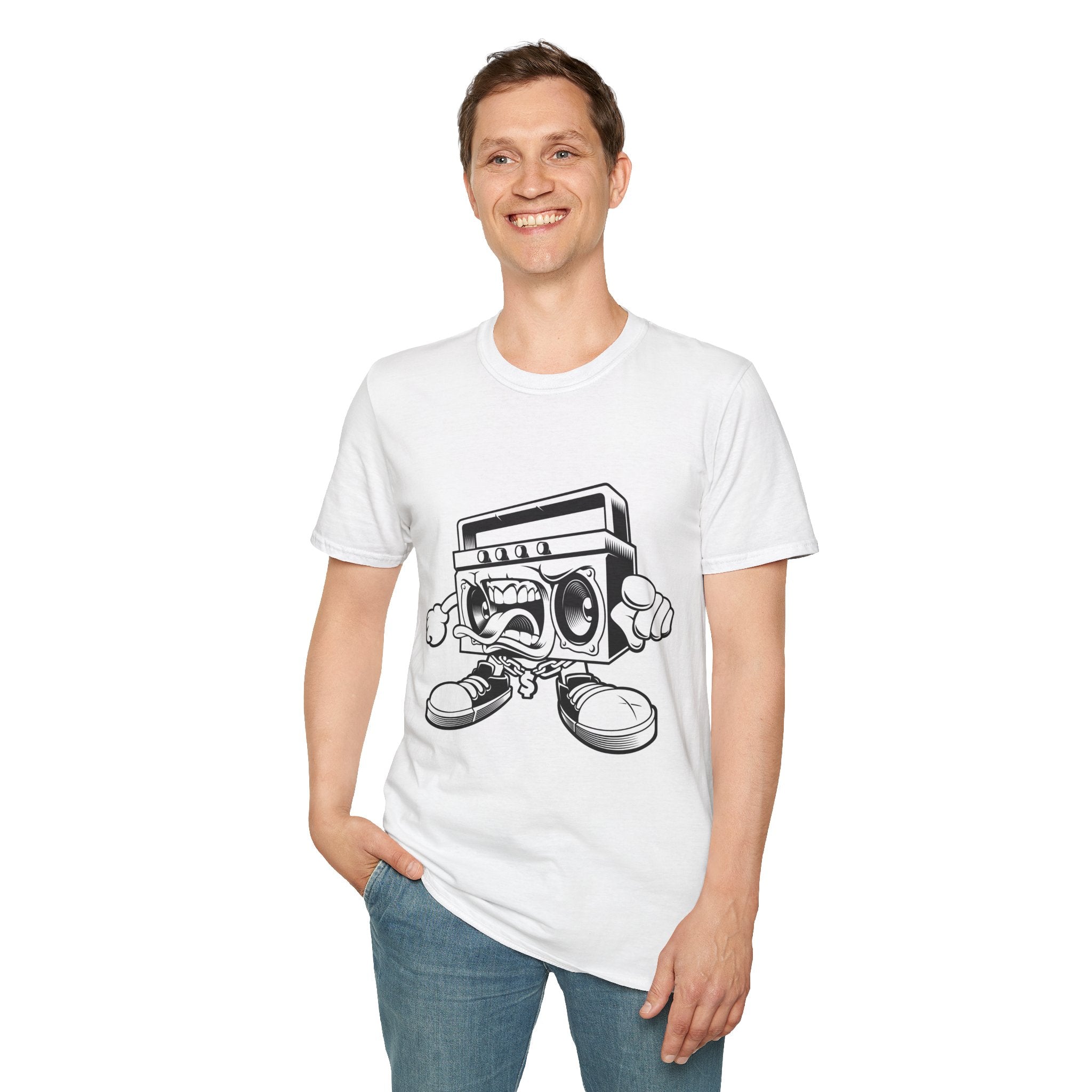 Retro Boombox Character T-Shirt — Vintage Hip Hop Graphic Tee