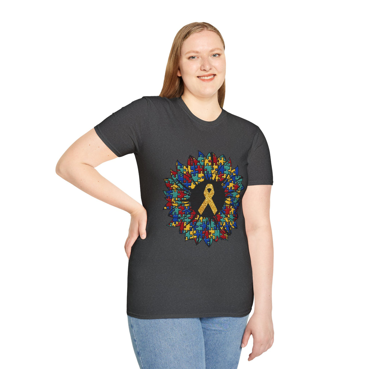 Autism Awareness Puzzle Sunflower T-Shirt – Gold Ribbon Support Tee