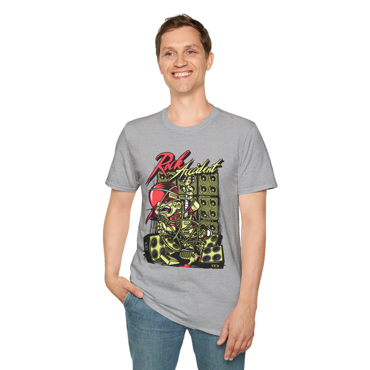 Rock Accident Graphic Tee — Retro Skull & Speakers Band Shirt