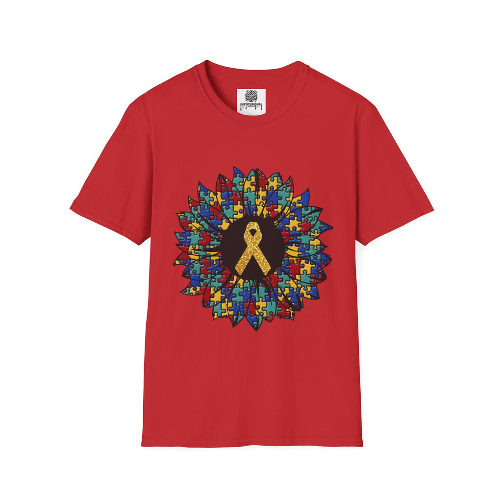 Autism Awareness Puzzle Sunflower T-Shirt – Gold Ribbon Support Tee