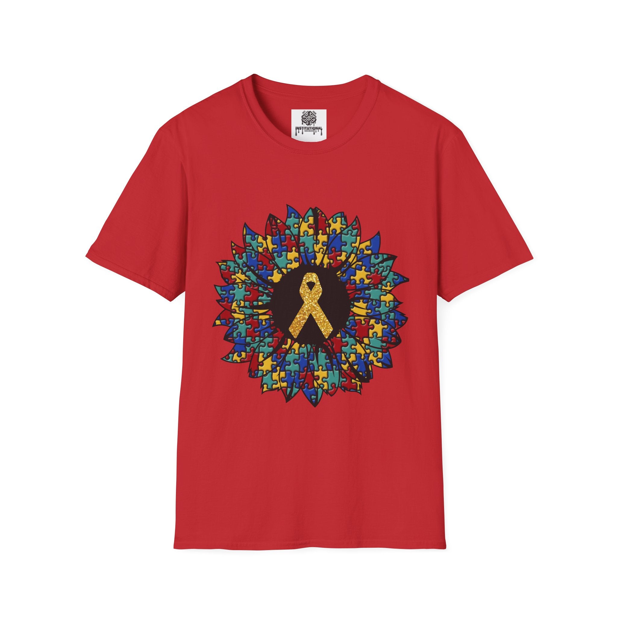 Autism Awareness Puzzle Sunflower T-Shirt – Gold Ribbon Support Tee
