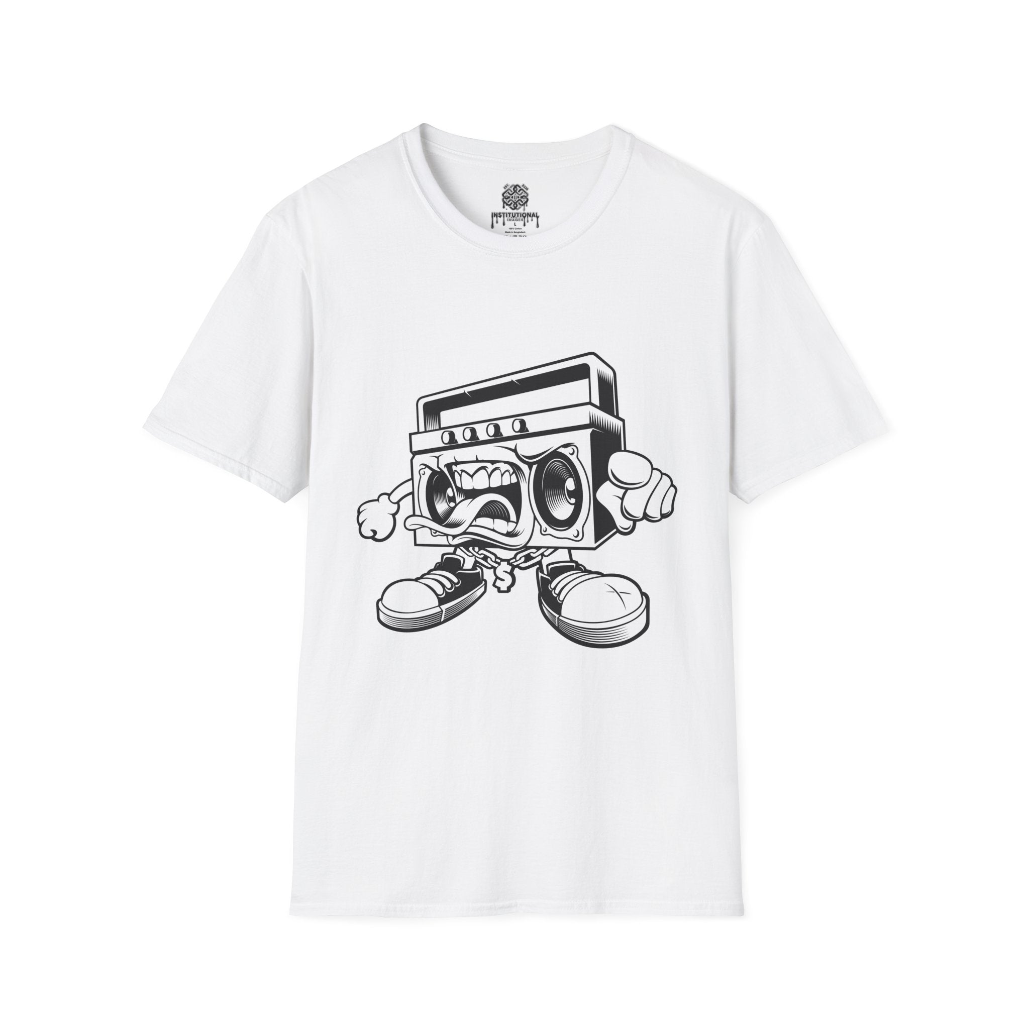 Retro Boombox Character T-Shirt — Vintage Hip Hop Graphic Tee