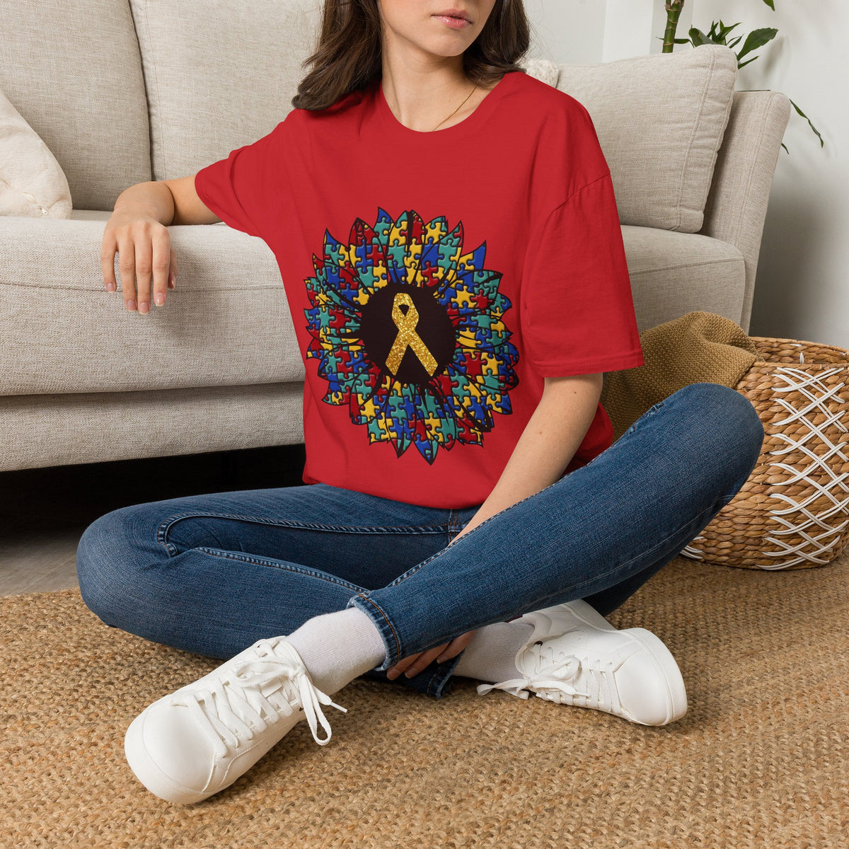 Autism Awareness Puzzle Sunflower T-Shirt – Gold Ribbon Support Tee