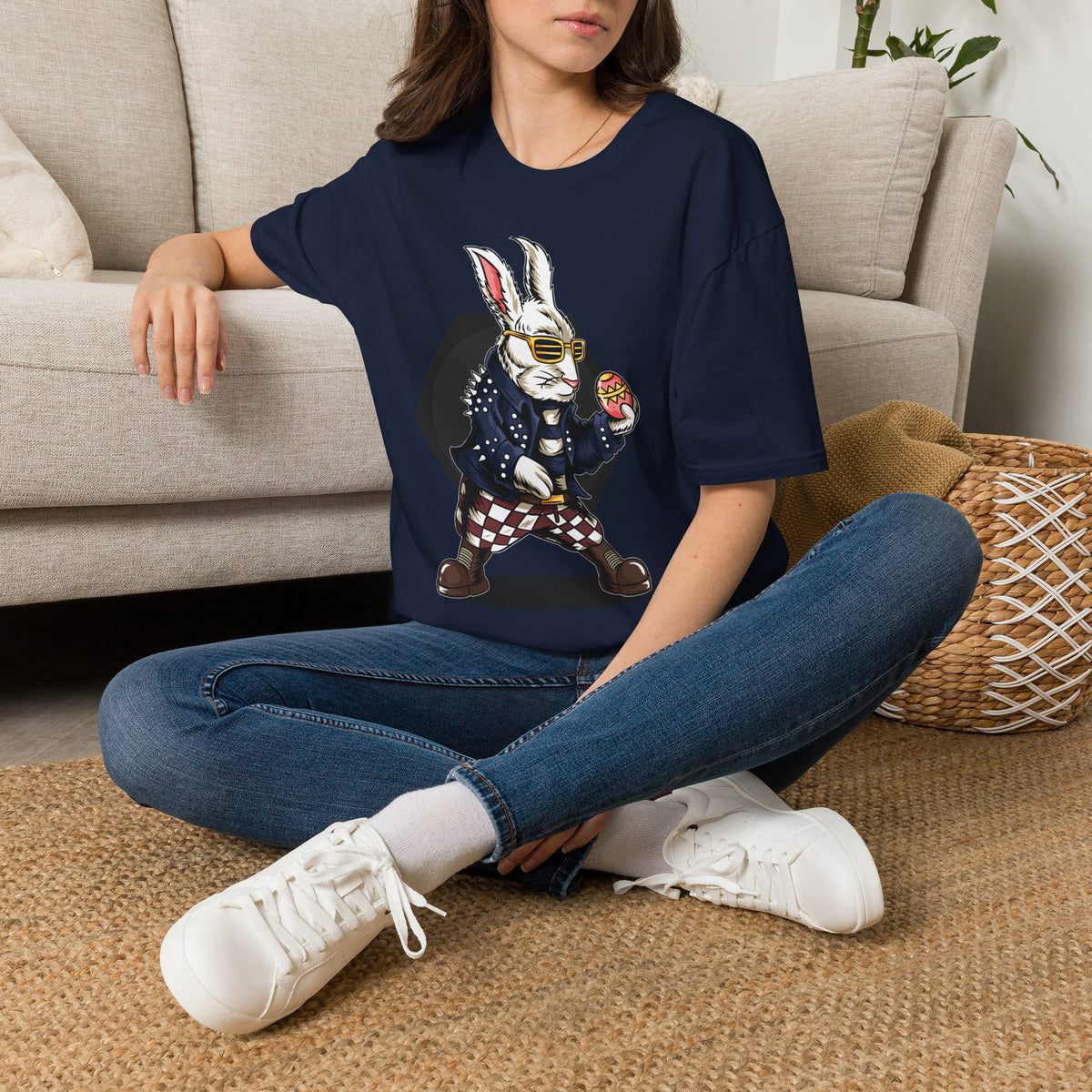 Easter Bunny Rocker T-Shirt — Cool Bunny Holding Decorated Egg