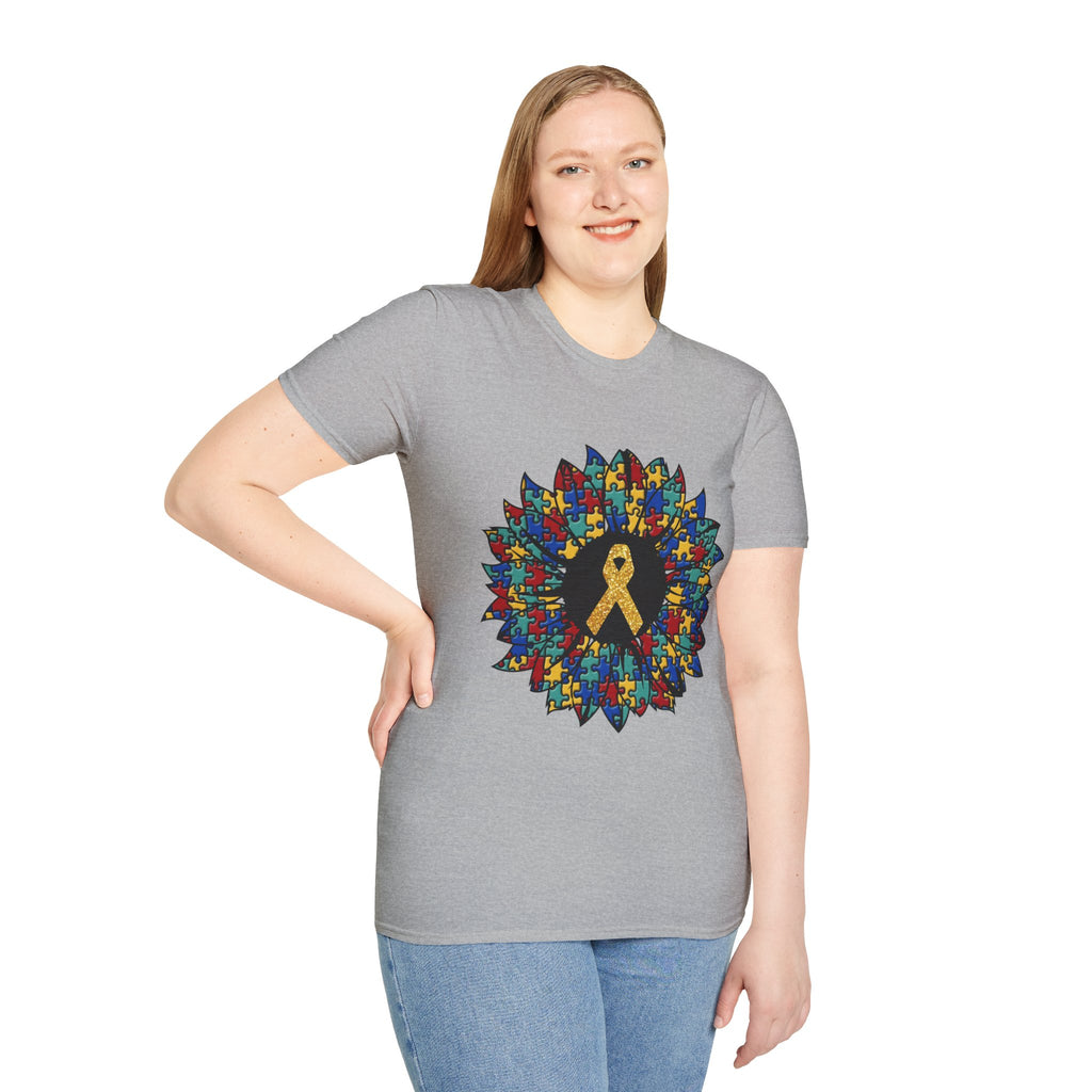 Autism Awareness Puzzle Sunflower T-Shirt – Gold Ribbon Support Tee
