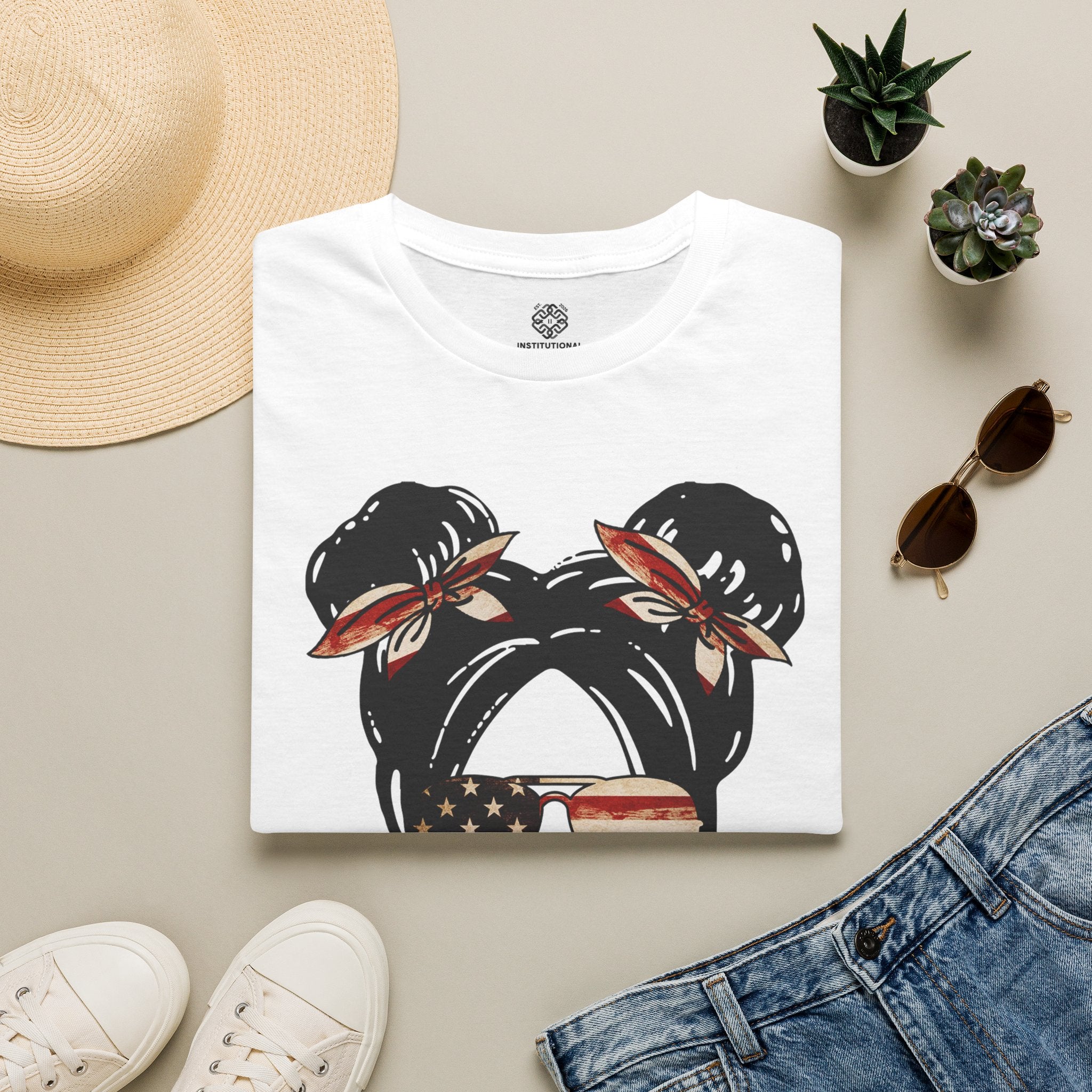 Patriotic Messy Bun T-Shirt — American Flag Hairband & Sunglasses Graphic