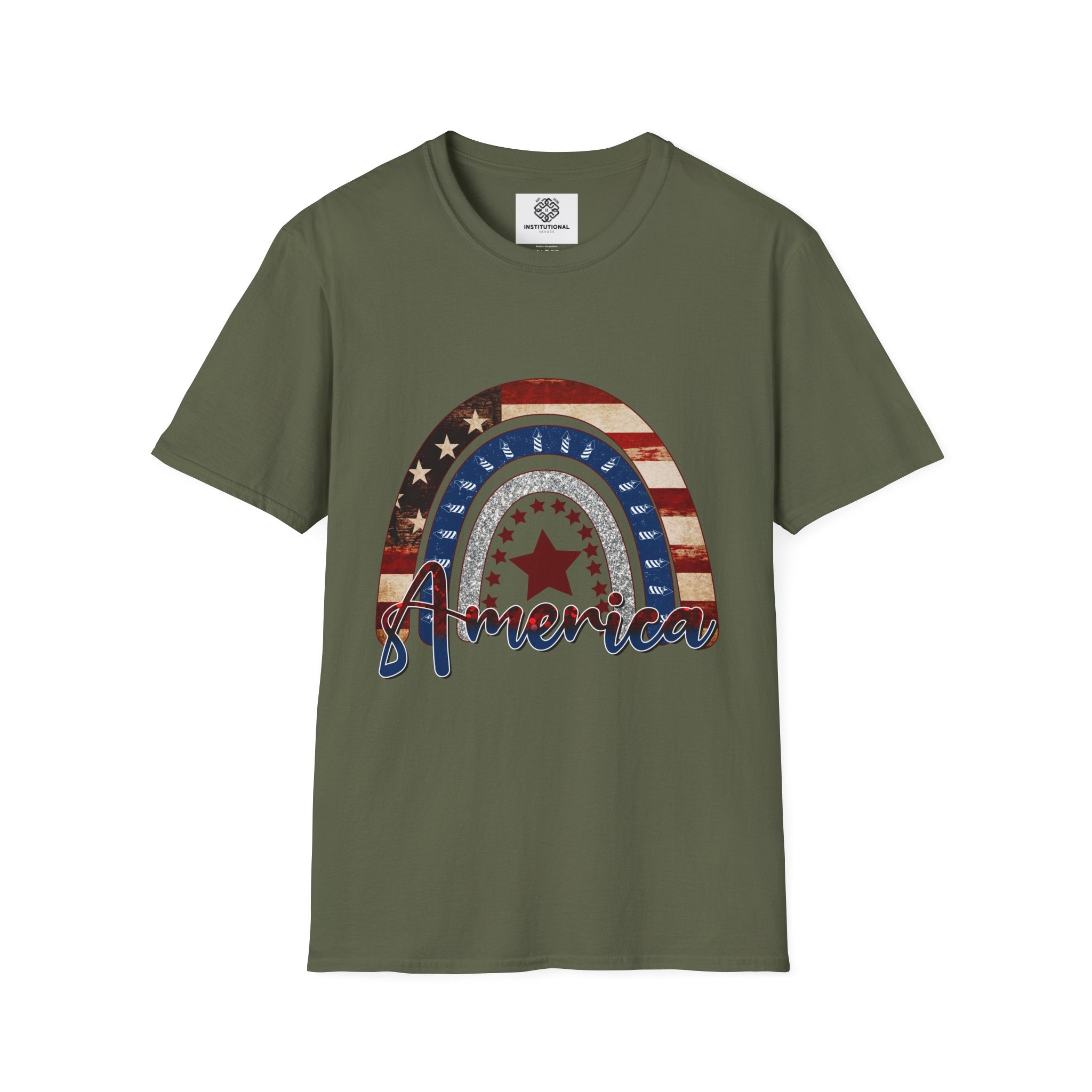 Patriotic American Rainbow T-Shirt — 'America' Stars & Stripes Graphic