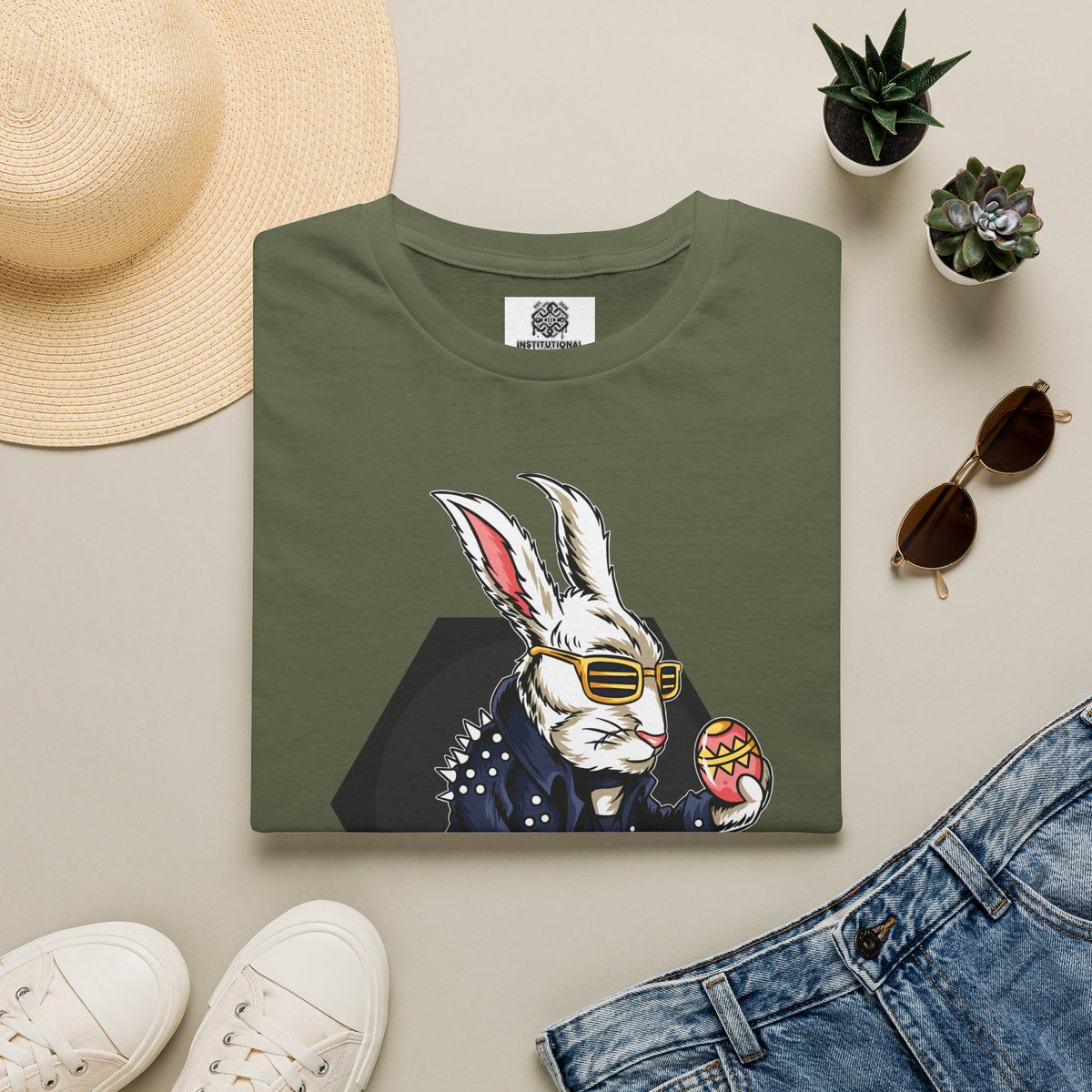 Easter Bunny Rocker T-Shirt — Cool Bunny Holding Decorated Egg