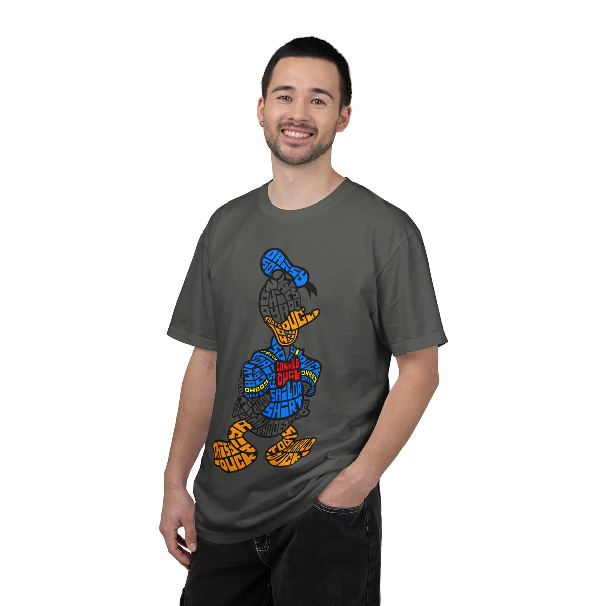 Graphic T‑Shirt — Colorblock Word Art Cartoon Duck Design