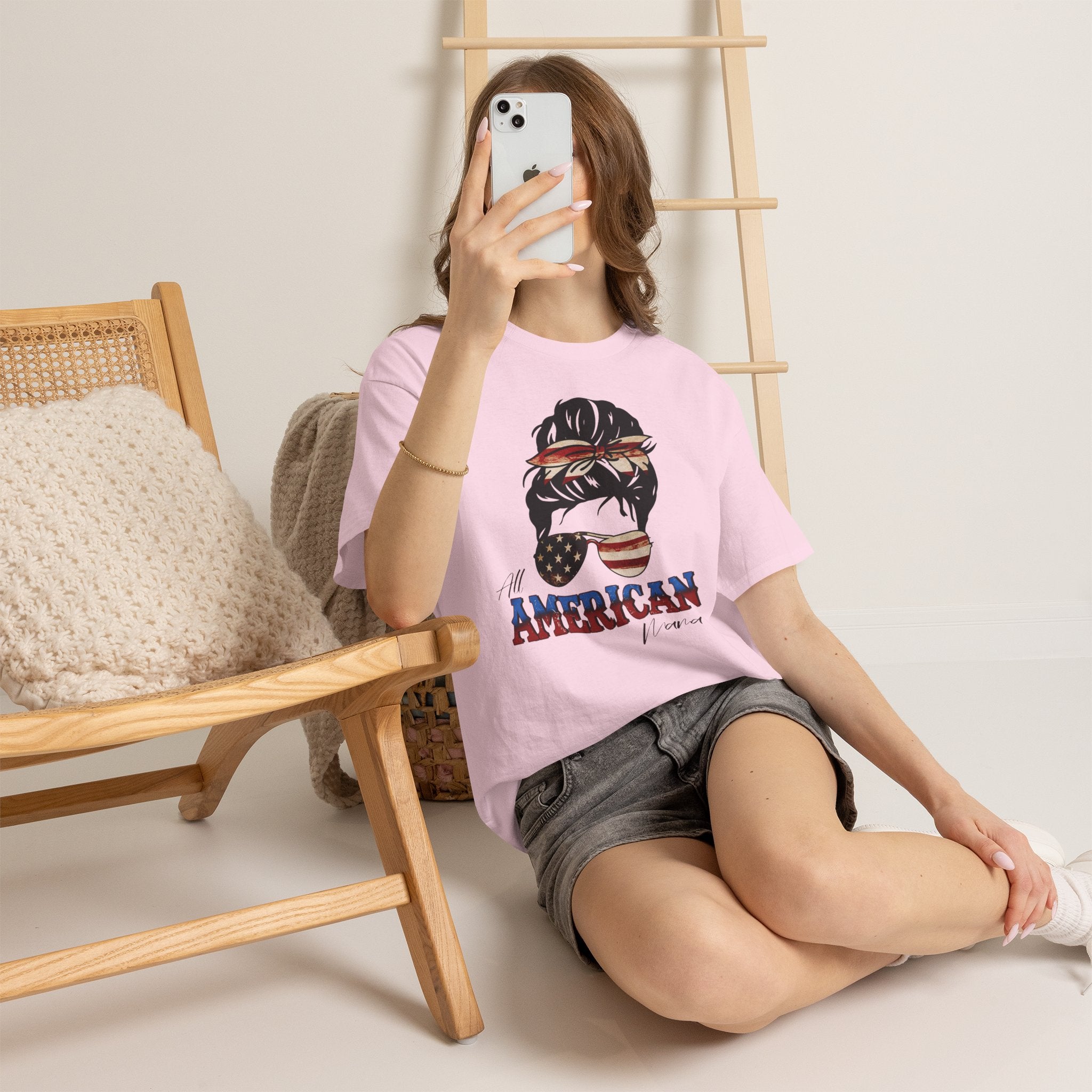 American Flag Messy Bun T-Shirt — "All American" Patriotic Tee