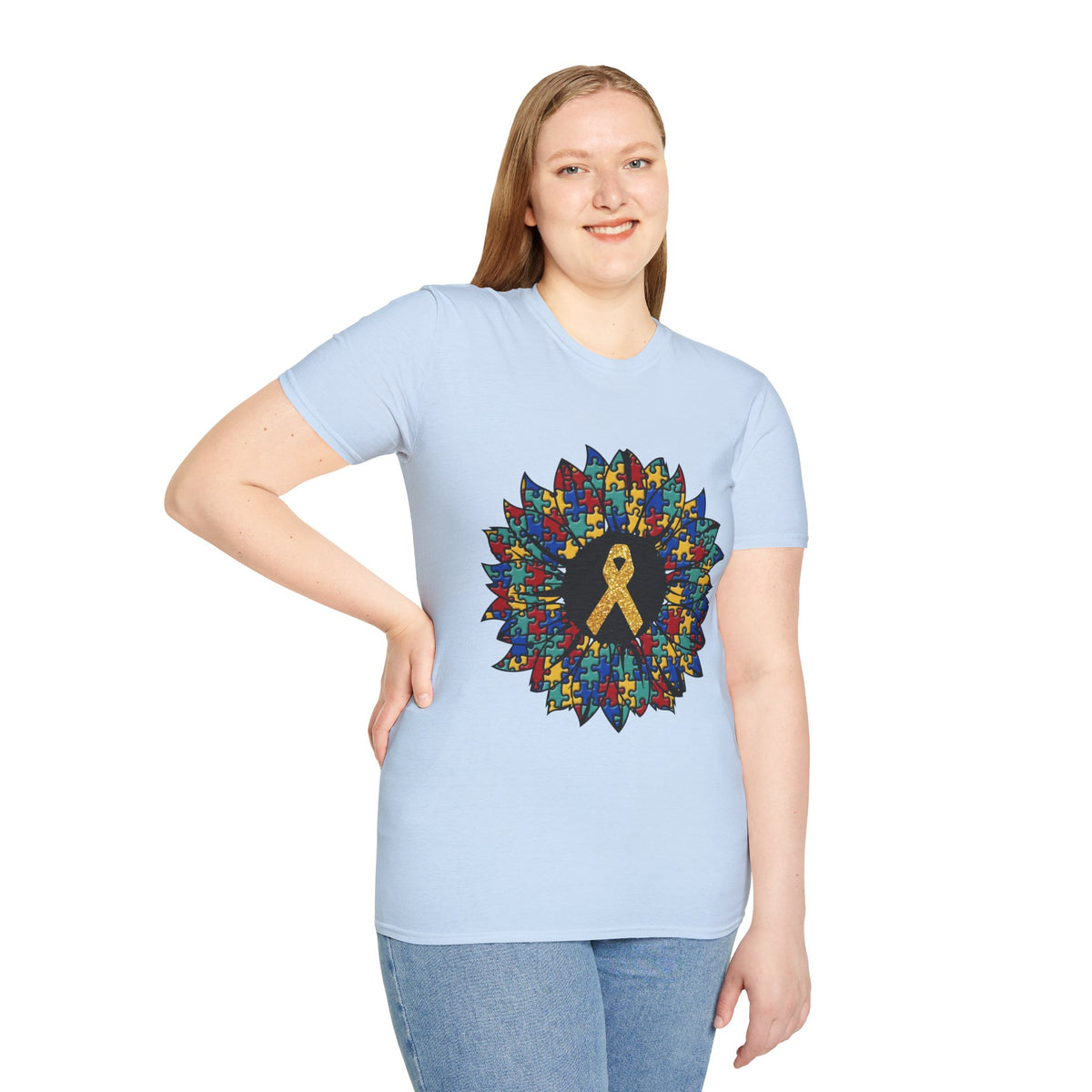 Autism Awareness Puzzle Sunflower T-Shirt – Gold Ribbon Support Tee